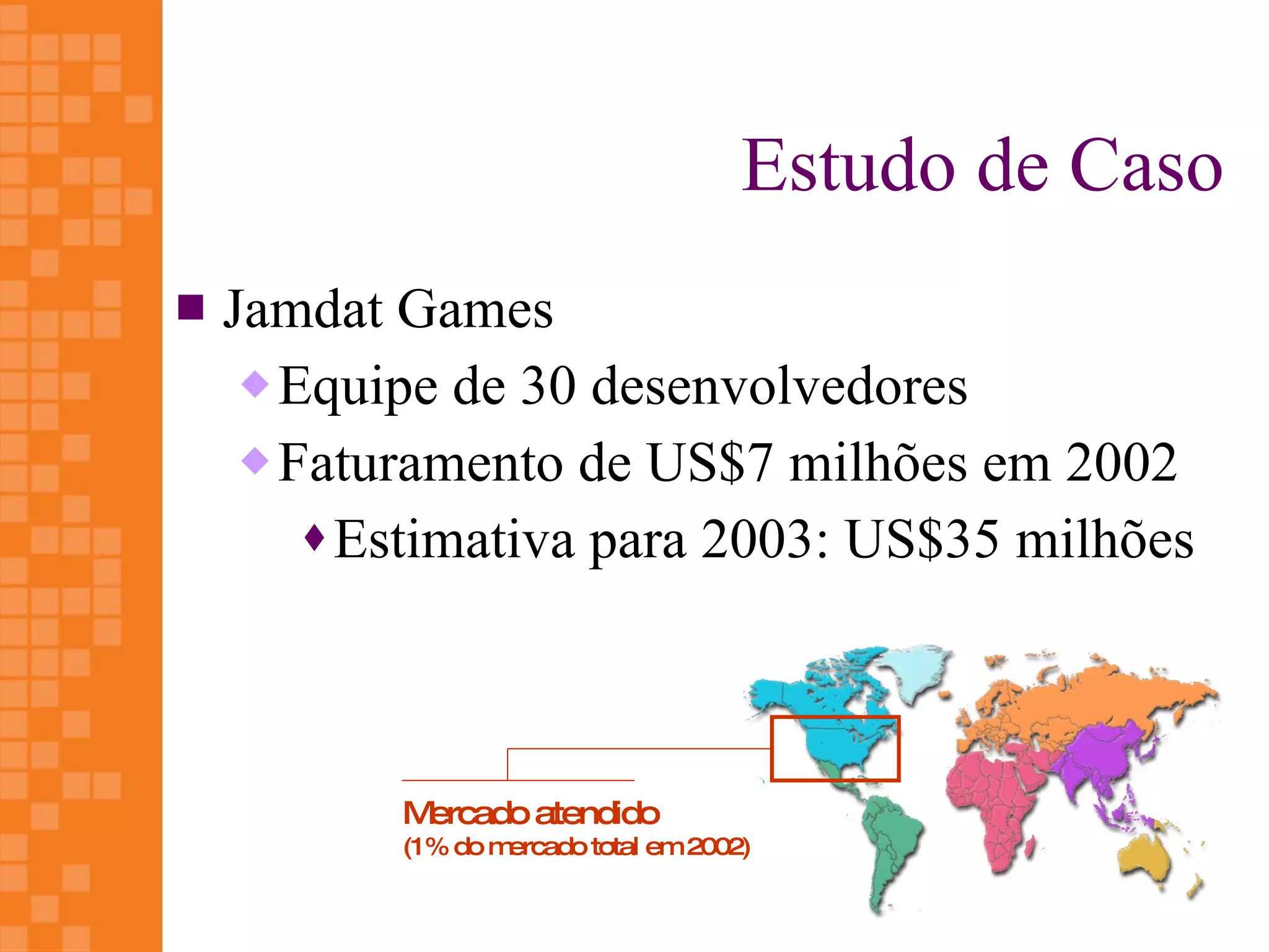 Estudo de Caso
   Jamdat Games
      Equipe de 30 desenvolvedores

      Faturamento de US$7 milhões em 2002

         Estimativa para 2003: US$35 milhões




           Mercado atendido
           (1% do mercado total em 2002)
 