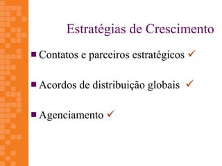 Estratégias de Crescimento
 Contatos   e parceiros estratégicos 

 Acordos    de distribuição globais 

 Agenciamento    
 