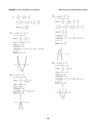 Chapter 3: Lines, Parabolas, and Systems ISM: Introductory Mathematical Analysis
104
c.
1 1
2 2( 3) 6
b
a
−
− = − = −
−
2
1 1 1 61
5 3
6 6 6 12
f
⎛ ⎞ ⎛ ⎞ ⎛ ⎞
− = − − − − =⎜ ⎟ ⎜ ⎟ ⎜ ⎟
⎝ ⎠ ⎝ ⎠ ⎝ ⎠
Vertex:
1 61
,
6 12
⎛ ⎞
−⎜ ⎟
⎝ ⎠
13. 2
( ) 6 5y f x x x= = − +
a = 1, b = –6, c = 5
Vertex:
6
3
2 2 1
b
a
−
− = − =
⋅
2
(3) 3 6(3) 5 4f = − + = −
Vertex = (3, –4)
y-intercept: c = 5
x-intercepts: 2
6 5x x− + = (x – 1)(x – 5) = 0, so
x = 1, 5.
Range: all y ≥ –4
x
y
5
51
(3, –4)
14. 2
( ) –4y f x x= =
a = –4, b = 0, c = 0
Vertex:
0
0
2 2( 4)
b
a
− = − =
−
2
(0) 4(0) 0f = − =
Vertex = (0, 0)
y-intercept: c = 0
x-intercepts: 2
4 0x− = , so x = 0.
Range: all y ≤ 0
x
y
5
5
15. 2
( ) 2 6y g x x x= = − −
a = –2, b = –6, c = 0
Vertex:
6 6 3
2 2( 2) 4 2
b
a
−
− = − = − = −
−
2
3 3 3
2 6
2 2 2
f
− − −⎛ ⎞ ⎛ ⎞ ⎛ ⎞
= − −⎜ ⎟ ⎜ ⎟ ⎜ ⎟
⎝ ⎠ ⎝ ⎠ ⎝ ⎠
9 9
9
2 2
−
= + =
Vertex:
3 9
,
2 2
⎛ ⎞
−⎜ ⎟
⎝ ⎠
y-intercept: c = 0
x-intercepts: 2
2 6 2 ( 3) 0x x x x− − = − + = , so
x = 0, –3.
Range: all
9
2
y ≤
x
y
9
2
3
2
–3
–
16. 2
( ) 4y f x x= = −
a = 1, b = 0, c = –4
Vertex:
0
0
2 2 1
b
a
− = − =
⋅
2
(0) 0 4 4f = − = −
Vertex = (0, –4)
y-intercept: c = –4
x-intercepts: 2
4 ( 2)( 2) 0x x x− = + − = , so
x = –2, 2.
Range: all y ≥ 4
x
y
5
–4
–2 2 5
 