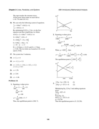 Chapter 3: Lines, Parabolas, and Systems ISM: Introductory Mathematical Analysis
120
The rope touches the streamer twice,
10 feet away from center on each side at
(–10, 7.9) and (10, 8.1).
16. We can write the following system of equations.
2
0.06 0.012 8,
0.912 5.
y x x
y x
⎧ = + +⎪
⎨
= +⎪⎩
By substituting 0.912x + 5 for y in the first
equation and then simplifying, we obtain
2
0.912 5 0.06 0.012 8x x x+ = + +
2
0 0.06 0.9 3x x= − +
( )2
0 0.06 15 50x x= − +
0 = 0.06(x – 10)(x – 5)
10 or 5x x= =
If x = 10 then y = 14.12, and if x = 5 then
y = 9.56. The two holes are located at (10, 14.12)
and (5, 9.56).
17. The system has 3 solutions.
18. x = 2, y = 4
19. x = –1.3, y = 5.1
20. x = −1.9, y = −3.6; x = −0.3, y = 1.2;
x = 2.1, y = 8.3
21. x = 1.76
22. x = 2.81
23. x = –1.46
Problems 3.6
1. Equating p-values gives
4 6
3 13
100 100
10
10
100
100
q
q
q
+ = − +
=
=
4
(100) 3 7
100
p = + =
Thus, the equilibrium point is (100, 7).
q
p
20
2000
(100, 7)
2. Equating p-values gives
1 1
4 9
1500 2000
7
5
6000
30,000 5
4285 4285.71
7 7
q q
q
q
+ = − +
=
= = ≈
When
5
4285 ,
7
q = then
1 1 5 6
4 4285 4 6 6.86
1500 1500 7 7
p q
⎛ ⎞
= + = + = ≈⎜ ⎟
⎝ ⎠
The equilibrium point is
5 6
4285 , 6 .
7 7
⎛ ⎞
⎜ ⎟
⎝ ⎠
q
p
5
10,0005000
10
4285
6
7
6
6
7
,
⎛
⎝
⎜
⎞
⎠
⎟
3.
35 2 250 0, (1)
65 537.5 0. (2)
q p
q p
− + =⎧
⎨
+ − =⎩
Multiplying Eq. (2) by 2 and adding equations
gives
165q – 825 = 0
q = 5
From Eq. (2),
65(5) + p – 537.5 = 0
p = 212.50
Thus the equilibrium point is (5, 212.50).
 