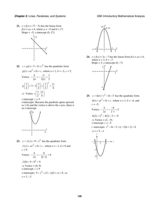 Chapter 3: Lines, Parabolas, and Systems ISM: Introductory Mathematical Analysis
126
21. y = f(x) = 17 − 5x has the linear form
f(x) = ax + b, where a = −5 and b = 17.
Slope = −5; y-intercept (0, 17).
x
y
25
5
22. 2
( ) 5 3s g t t t= = − + has the quadratic form
2
( )g t at bt c= + + , where a = 1, b = –3, c = 5.
Vertex:
3 3
2 2(1) 2
b
a
−
− = − =
2
3 3 3 11
5 3
2 2 2 4
g
⎛ ⎞ ⎛ ⎞ ⎛ ⎞
= − + =⎜ ⎟ ⎜ ⎟ ⎜ ⎟
⎝ ⎠ ⎝ ⎠ ⎝ ⎠
⇒
3 11
Vertex ,
2 4
⎛ ⎞
= ⎜ ⎟
⎝ ⎠
s-intercept: c = 5
t-intercepts: Because the parabola opens upward
(a > 0) and the vertex is above the t-axis, there is
no t-intercept.
s
8
t
6
23. 2
( ) 9y f x x= = − has the quadratic form
2
( )f x ax bx c= + + , where a = –1, b = 0 and
c = 9.
Vertex:
0
0
2 2( 1)
b
a
− = − =
−
2
(0) 9 0 9f = − =
⇒ Vertex = (0, 9)
y-intercept: c = 9
x-intercepts: 2
9 (3 )(3 ) 0x x x− = − + = , so
x = 3, –3.
x
y
10
5
3–3
(0, 9)
24. y = f(x) = 3x – 7 has the linear form f(x) = ax + b,
where a = 3, b = –7.
Slope = 3; y-intercept (0, –7)
x
y
2
–7
5
25. 2
( ) 4 5y h t t t= = − − has the quadratic form
2
( )h t at bt c= + + , where a = 1, b = –4, and
c = –5.
Vertex:
4
2
2 2 1
b
a
−
− = − =
⋅
2
(2) 2 4(2) 5 9h = − − = −
⇒ Vertex = (2, –9)
y-intercept: c = –5
t -intercepts: 2
4 5 ( 5)( 1) 0t t t t− − = − + =
⇒ t = 5, –1
t
y
2 5–1
–9
–5
 