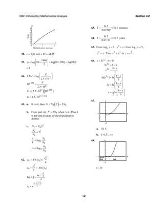ISM: Introductory Mathematical Analysis Section 4.2
141
x
y
8
1
2
3
4
5
6
7
210
Multiplicative increase
Years
58. c = 3(6) ln 6 + 12 ≈ 44.25
59.
1980
log 10 log[10 990] log1000
2
p
⎡ ⎤
= + = + =⎢ ⎥
⎣ ⎦
= 3
60.
11
1.5 log
2.5 10
E
M
⎛ ⎞
= ⎜ ⎟
×⎝ ⎠
1.5
1
10
2.5 10
M E
1
=
×
( )( )11 1.5
2.5 10 10 M
E = ×
11 1.5
2.5 10 M
E +
= ×
61. a. If t = k, then ( )1
0 02 2N N N= =
b. From part (a), 02N N= when t = k. Thus k
is the time it takes for the population to
double.
c. 1 0 2
t
kN N=
1
0
2
t
k
N
N
=
1
2
0
log
Nt
k N
=
1
2
0
log
N
t k
N
=
62. ( )
2
2
0 1ln
2
x
u A x= +
( )
2
2
0 1ln
2
x
u A x− =
( )
2
2
0 2
1ln
x
u
x
A
−
=
( )2 20 2
1
u x
Ax e
−
=
63.
ln 2
36.1
0.01920
T = ≈ minutes
64.
ln 2
21.7
0.03194
T = ≈ years
65. From log 3y x = , 3
y x= ; from log 2z x = ,
2
z x= . Thus 2 3
z y= or
3
2z y= .
66. 2
2
2
3 8 0
3 8
8
3
y
y
y
x e
e x
x
e
+ − =
= −
−
=
2 8
ln[ ] ln
3
8
2 ln
3
1 8
ln
2 3
y x
e
x
y
x
y
−⎡ ⎤
= ⎢ ⎥
⎣ ⎦
−⎡ ⎤
= ⎢ ⎥
⎣ ⎦
−⎡ ⎤
= ⎢ ⎥
⎣ ⎦
67. 3
–2
–1 4
a. (0, 1)
b. [−0.37, ∞)
68. 4
–1
–1 4
(1, 0)
 