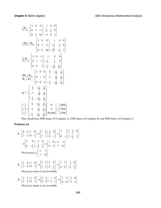 Chapter 6: Matrix Algebra ISM: Introductory Mathematical Analysis
210
1
26 5 1
6 6
1 0 2 1 0 0
0 1 1 0
0 2 18 5 0 1
−⎡ ⎤
⎢ ⎥
> − −⎢ ⎥
⎢ ⎥
−⎣ ⎦
R
2 3 5 1
6 6
10 1
3 3
1 0 2 1 0 0
2
0 1 1 0
0 0 20 1
⎡ ⎤−
⎢ ⎥
− + ⎢ ⎥> − −
⎢ ⎥
⎢ ⎥− −⎢ ⎥⎣ ⎦
R R
1
320 5 1
6 6
1 1 1
6 60 20
1 0 2 1 0 0
0 1 1 0
0 0 1
⎡ ⎤−
⎢ ⎥
⎢ ⎥> − −
⎢ ⎥
⎢ ⎥− −
⎣ ⎦
R
2 1 1
3 30 10
3 1 3 1
20 20
3 2
1 1 1
6 60 20
1 0 0
2
0 1 0 1
0 0 1
⎡ ⎤−
⎢ ⎥
+ ⎢ ⎥> −
⎢ ⎥+
⎢ ⎥− −
⎣ ⎦
R R
R R
2 1 1
3 30 10
1 3 1
20 20
1 1 1
6 60 20
1−
⎡ ⎤−
⎢ ⎥
⎢ ⎥= −
⎢ ⎥
⎢ ⎥− −
⎣ ⎦
A
2 1 1
3 30 10
3 1
20 20
1 1 1
6 60 20
0 5000
1 0 2500
50,000 2500
x
y
z
⎡ ⎤−
⎡ ⎤ ⎡ ⎤ ⎡ ⎤⎢ ⎥
⎢ ⎥ ⎢ ⎥ ⎢ ⎥⎢ ⎥= − =⎢ ⎥ ⎢ ⎥ ⎢ ⎥⎢ ⎥
⎢ ⎥ ⎢ ⎥ ⎢ ⎥⎢ ⎥⎣ ⎦ ⎣ ⎦ ⎣ ⎦− −
⎣ ⎦
They should buy 5000 shares of Company A, 2500 shares of Company B, and 2500 shares of Company C.
Problems 6.6
1.
1 11 1
6 66 6
71
6 6
1 01 06 1 1 0
7 1 0 1 0 17 1 0 1
⎡ ⎤⎡ ⎤⎡ ⎤ ⎢ ⎥→ →⎢ ⎥⎢ ⎥ ⎢ ⎥− −⎢ ⎥⎣ ⎦ ⎣ ⎦ ⎣ ⎦
71
6 6
1 0 1 1 1 0 1 1
0 1 0 1 7 6
−⎡ ⎤ −⎡ ⎤
→ →⎢ ⎥ ⎢ ⎥− − −⎢ ⎥ ⎣ ⎦⎣ ⎦
The inverse is
1 1
7 6
−⎡ ⎤
⎢ ⎥−⎣ ⎦
.
2.
1 1
2 2
1 1 1
3 2 3
1 2 0 1 2 02 4 1 0
3 6 0 1 1 2 0 0 0
⎡ ⎤ ⎡ ⎤⎡ ⎤ ⎢ ⎥ ⎢ ⎥→ →⎢ ⎥ −⎣ ⎦ ⎢ ⎥ ⎢ ⎥⎣ ⎦ ⎣ ⎦
The given matrix is not invertible.
3.
1
2
1 1 02 2 1 0 2 2 1 0
2 2 0 1 0 0 1 1 0 0 1 1
⎡ ⎤⎡ ⎤ ⎡ ⎤
→ → ⎢ ⎥⎢ ⎥ ⎢ ⎥− −⎣ ⎦ ⎣ ⎦ ⎣ ⎦
The given matrix is not invertible.
 