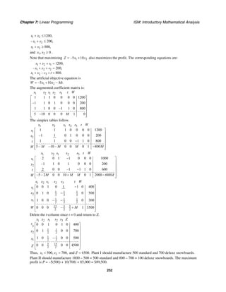 Chapter 7: Linear Programming ISM: Introductory Mathematical Analysis
252
1 2 1200,x x+ ≤
1 2– 200,x x+ ≤
1 2 800,x x+ ≥
and 1 2, 0x x ≥ .
Note that maximizing 1 2–5 10Z x x= + also maximizes the profit. The corresponding equations are:
1 2 1
1 2 2
1 2 3
1200,
– 200,
– 800.
x x s
x x s
x x s t
+ + =
+ + =
+ + =
The artificial objective equation is
1 2–5 10 – .W x x Mt= +
The augmented coefficient matrix is:
1 2 1 2 3
1 1 1 0 0 0 0 1200
–1 1 0 1 0 0 0 200
1 1 0 0 –1 1 0 800
5 –10 0 0 0 1 0
x x s s s t W
M
⎡ ⎤
⎢ ⎥
⎢ ⎥
⎢ ⎥
⎢ ⎥
⎢ ⎥⎣ ⎦
The simplex tables follow.
1 2 1 2 3
1
2
1 1 1 0 0 0 0 1200
–1 1 0 1 0 0 0 200
1 1 0 0 1 1 0 800
5 – –10 – 0 0 0 1 800
x x s s s t W
s
s
t
M M M MW
⎡ ⎤
⎢ ⎥
⎢ ⎥
⎢ ⎥−
⎢ ⎥
−⎢ ⎥⎣ ⎦
1 2 1 2 3
1
2
2 0 1 1 0 0 0 1000
–1 1 0 1 0 0 0 200
2 0 0 –1 1 1 0 600
–5 – 2 0 0 10 0 1 2000 600
x x s s s t W
s
x
t
M M M MW
−⎡ ⎤
⎢ ⎥
⎢ ⎥
⎢ ⎥−
⎢ ⎥
+ −⎢ ⎥⎣ ⎦
1 2 1 2 3
1
1 1 1
2 2 2 2
1 1 1
1 2 2 2
15 5 5
2 2 2
0 0 1 0 1 1 0 400
0 1 0 0 500
1 0 0 – 0 300
0 0 0 – 1 3500
x x s s s t W
s
x
x
MW
−⎡ ⎤
⎢ ⎥
−⎢ ⎥
⎢ ⎥
−⎢ ⎥
⎢ ⎥
+⎢ ⎥
⎣ ⎦
Delete the t-column since t = 0 and return to Z.
1 2 1 2 3
3
1 1
2 2 2
1 1
1 2 2
5 15
2 2
0 0 1 0 1 0 400
0 1 0 0 700
1 0 0 0 500
0 0 0 0 4500
x x s s s Z
s
x
x
Z
⎡ ⎤
⎢ ⎥
⎢ ⎥
⎢ ⎥
−⎢ ⎥
⎢ ⎥
⎢ ⎥
⎣ ⎦
Thus, 1 2500, 700, and 4500.x x Z= = = Plant I should manufacture 500 standard and 700 deluxe snowboards.
Plant II should manufacture 1000 – 500 = 500 standard and 800 – 700 = 100 deluxe snowboards. The maximum
profit is P = –5(500) + 10(700) + 85,000 = $89,500.
 