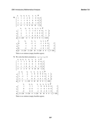 ISM: Introductory Mathematical Analysis Section 7.6
257
8.
1 2 3 1 2 1 3
1 1 –1 –1 0 1 0 0 5
1 1 1 0 1 0 0 0 3
1 –1 1 0 0 0 1 0 7
–1 –4 1 0 0 1 0
x x x s s t t W
M M
⎡ ⎤
⎢ ⎥
⎢ ⎥
⎢ ⎥
⎢ ⎥
⎢ ⎥⎣ ⎦
1 2 3 1 2 1 3
1
2
3
1 1 –1 –1 0 1 0 0 5 5
1 1 1 0 1 0 0 0 3 3
1 –1 1 0 0 0 1 0 7 7
–1– 2 –4 1 0 0 0 1 –12
x x x s s t t W
t
s
t
M M MW
⎡ ⎤
⎢ ⎥
⎢ ⎥
⎢ ⎥
⎢ ⎥
⎢ ⎥⎣ ⎦
1 2 3 1 2 1 3
1
1
3
0 0 –2 –1 –1 1 0 0 2
1 1 1 0 1 0 0 0 3
0 –2 0 0 –1 0 1 0 4
0 –3 2 2 2 1 2 0 0 1 3 – 6
x x x s s t t W
t
x
t
M M M M MW
⎡ ⎤
⎢ ⎥
⎢ ⎥
⎢ ⎥
⎢ ⎥
+ + +⎢ ⎥⎣ ⎦
There is no solution (empty feasible region).
9. We write the third constraint as 1 2 3– 6.x x x+ + ≥
1 2 3 1 2 3 2 3
1 1 1 1 0 0 0 0 0 1
1 –1 1 0 –1 0 1 0 0 2
–1 1 1 0 0 –1 0 1 0 6
–3 2 –1 0 0 0 1 0
x x x s s s t t W
M M
⎡ ⎤
⎢ ⎥
⎢ ⎥
⎢ ⎥
⎢ ⎥
⎢ ⎥⎣ ⎦
1 2 3 1 2 3 2 3
1
2
3
1 1 1 1 0 0 0 0 0 1 1
1 –1 1 0 –1 0 1 0 0 2 2
–1 1 1 0 0 –1 0 1 0 6 6
–3 2 –1– 2 0 0 0 1 –8
x x x s s s t t W
s
t
t
M M M MW
⎡ ⎤
⎢ ⎥
⎢ ⎥
⎢ ⎥
⎢ ⎥
⎢ ⎥⎣ ⎦
1 2 3 1 2 3 2 3
3
2
3
1 1 1 1 0 0 0 0 0 1
0 –2 0 –1 –1 0 1 0 0 1
–2 0 0 –1 0 –1 0 1 0 5
–2 2 3 2 0 1 2 0 0 1 1– 6
x x x s s s t t W
x
t
t
M M M M M MW
⎡ ⎤
⎢ ⎥
⎢ ⎥
⎢ ⎥
⎢ ⎥
+ + +⎢ ⎥⎣ ⎦
There is no solution (empty feasible region).
 