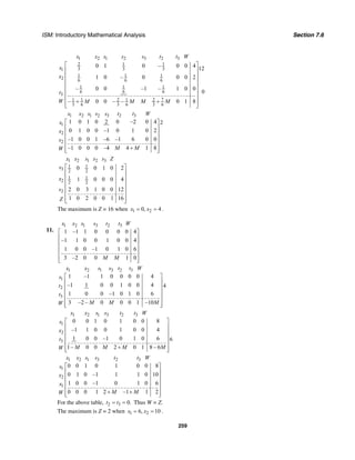 ISM: Introductory Mathematical Analysis Section 7.6
259
1 2 1 2 3 2 3
2 1 1
3 3 31
1 1 1
2 6 6 6
1 1 1
6 6 6
3
71 1 2 1 2
3 6 3 6 3 6
0 1 0 – 0 0 4 12
1 0 – 0 0 0 2
– 0 0 –1 – 1 0 0
0
– 0 0 – – 0 1 8
x x s s s t t W
s
x
t
W M M M M
⎡ ⎤
⎢ ⎥
⎢ ⎥
⎢ ⎥
⎢ ⎥
⎢ ⎥
⎢ ⎥
+ +⎢ ⎥⎣ ⎦
1 2 1 2 3 2 3
1
2
2
1 0 1 0 2 0 –2 0 4 2
0 1 0 0 –1 0 1 0 2
–1 0 0 1 –6 –1 6 0 0
–1 0 0 0 –4 4 1 8
x x s s s t t W
s
x
s
M MW
⎡ ⎤
⎢ ⎥
⎢ ⎥
⎢ ⎥
⎢ ⎥
+⎢ ⎥⎣ ⎦
1 2 1 2 3
1 1
3 2 2
1 1
2 2 2
2
0 0 1 0 2
1 0 0 0 4
2 0 3 1 0 0 12
1 0 2 0 0 1 16
x x s s s Z
s
x
s
Z
⎡ ⎤
⎢ ⎥
⎢ ⎥
⎢ ⎥
⎢ ⎥
⎢ ⎥
⎢ ⎥⎣ ⎦
The maximum is Z = 16 when 1 20, 4x x= = .
11.
1 2 1 3 2 3
1 –1 1 0 0 0 0 4
–1 1 0 0 1 0 0 4
1 0 0 –1 0 1 0 6
3 –2 0 0 1 0
x x s s t t W
M M
⎡ ⎤
⎢ ⎥
⎢ ⎥
⎢ ⎥
⎢ ⎥
⎢ ⎥⎣ ⎦
1 2 1 3 2 3
1
2
3
1 –1 1 0 0 0 0 4
–1 1 0 0 1 0 0 4 4
1 0 0 –1 0 1 0 6
3 –2 – 0 0 0 1 –10
x x s s t t W
s
t
t
M M MW
⎡ ⎤
⎢ ⎥
⎢ ⎥
⎢ ⎥
⎢ ⎥
⎢ ⎥⎣ ⎦
1 2 1 3 2 3
1
2
3
0 0 1 0 1 0 0 8
–1 1 0 0 1 0 0 4
1 0 0 –1 0 1 0 6 6
1– 0 0 2 0 1 8 – 6
x x s s t t W
s
x
t
M M M MW
⎡ ⎤
⎢ ⎥
⎢ ⎥
⎢ ⎥
⎢ ⎥
+⎢ ⎥⎣ ⎦
1 2 1 3 2 3
1
2
1
0 0 1 0 1 0 0 8
0 1 0 –1 1 1 0 10
1 0 0 –1 0 1 0 6
0 0 0 1 2 –1 1 2
x x s s t t W
s
x
x
M MW
⎡ ⎤
⎢ ⎥
⎢ ⎥
⎢ ⎥
⎢ ⎥
+ +⎢ ⎥⎣ ⎦
For the above table, 2 3 0.t t= = Thus W = Z.
The maximum is Z = 2 when 1 26, 10x x= = .
 