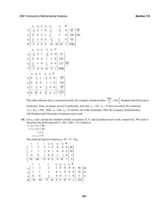 ISM: Introductory Mathematical Analysis Section 7.6
261
1 2 1 2 3 3
8503 3 4251
1 34 4 4 2
2
3 1251 1
2 4 4 4 2
– 0 1 0 – 0
0 0 0 1 1 –1 0 250 250
1 0 0 – 0
–5 0 0 0 –10 10 1 2500
x x s s s t W
s
s
x
W M
⎡ ⎤
⎢ ⎥
⎢ ⎥
⎢ ⎥
⎢ ⎥
⎢ ⎥
+⎢ ⎥⎣ ⎦
2 1 2 31
31
1 4 4
3
3 5001
2 4 4 3
– 0 1 – 0 0 25
0 0 0 1 1 0 250
1 0 0 0 125
–5 0 0 10 0 1 5000
x s s s Px
s
s
x
P
⎡ ⎤
⎢ ⎥
⎢ ⎥
⎢ ⎥
⎢ ⎥
⎢ ⎥
⎢ ⎥⎣ ⎦
1 2 1 2 3
2001 2
1 3 3 3
3
5004 1
1 3 3 3
17,50020 35
3 3 3
0 1 – 0 0
0 0 0 1 1 0 250
1 0 0 0
0 0 0 1
x x s s s P
s
s
x
P
⎡ ⎤
⎢ ⎥
⎢ ⎥
⎢ ⎥
⎢ ⎥
⎢ ⎥
⎢ ⎥
⎢ ⎥⎣ ⎦
This table indicates that, to maximize profit, the company should produce
500 2
166
3 3
= Standard and 0 Executive
bookcases. Since an integer answer is preferable, note that 1 2167, 0x x= = does not satisfy the constraint
1 23 4 500,x x+ ≤ while 1 2166, 0x x= = satisfies all of the constraints. Thus the company should produce
166 Standard and 0 Executive bookcases each week.
14. Let x, y and z denote the numbers of units of products X, Y, and Z produced each week, respectively. We want to
maximize the profit function P = 50x + 60y + 75z subject to
2 2 40,
2 30,
5,
, , 0.
x y z
x y z
z
x y z
+ + ≤
+ + ≤
≥
≥
The artificial objective function is 3– .W P Mt=
1 2 3 3
1 2 2 1 0 0 0 0 40
1 1 2 0 1 0 0 0 30
0 0 1 0 0 –1 1 0 5
–50 –60 –75 0 0 0 1 0
x y z s s s t W
M
⎡ ⎤
⎢ ⎥
⎢ ⎥
⎢ ⎥
⎢ ⎥
⎢ ⎥⎣ ⎦
1 2 3 3
1
2
3
1 2 2 1 0 0 0 0 40 20
1 1 2 0 1 0 0 0 30 15
0 0 1 0 0 –1 1 0 5 5
–50 –60 –75 – 0 0 0 1 –5
x y z s s s t W
s
s
t
M M MW
⎡ ⎤
⎢ ⎥
⎢ ⎥
⎢ ⎥
⎢ ⎥
⎢ ⎥⎣ ⎦
 