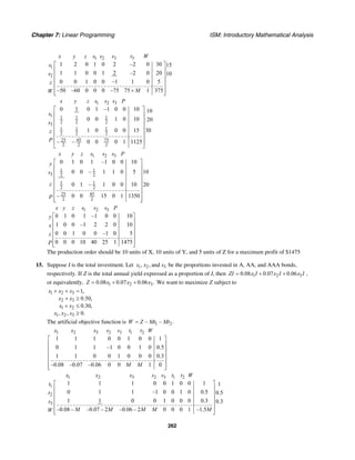 Chapter 7: Linear Programming ISM: Introductory Mathematical Analysis
262
1 2 3 3
1
2
1 2 0 1 0 2 –2 0 30 15
1 1 0 0 1 2 –2 0 20 10
0 0 1 0 0 –1 1 0 5
–50 –60 0 0 0 –75 75 1 375
x y z s s s t W
s
s
z
MW
⎡ ⎤
⎢ ⎥
⎢ ⎥
⎢ ⎥
⎢ ⎥
+⎢ ⎥⎣ ⎦
1 2 3
1 1 1 1
2 2 23
1 1 1
2 2 2
25 45 75
2 2 2
0 1 0 1 –1 0 0 10 10
0 0 1 0 10 20
301 0 0 0 15
– – 0 0 0 1 1125
x y z s s s P
s
s
z
P
⎡ ⎤
⎢ ⎥
⎢ ⎥
⎢ ⎥
⎢ ⎥
⎢ ⎥
⎢ ⎥
⎣ ⎦
1 2 3
1 1
3 2 2
1 1
2 2
25 45
2 2
0 1 0 1 –1 0 0 10
100 0 – 1 1 0 5
0 1 – 1 0 0 10 20
– 0 0 15 0 1 1350
x y z s s s P
y
s
z
P
⎡ ⎤
⎢ ⎥
⎢ ⎥
⎢ ⎥
⎢ ⎥
⎢ ⎥
⎢ ⎥
⎢ ⎥⎣ ⎦
1 2 3
0 1 0 1 –1 0 0 10
1 0 0 –1 2 2 0 10
0 0 1 0 0 –1 0 5
0 0 0 10 40 25 1 1475
x y z s s s P
y
x
z
P
⎡ ⎤
⎢ ⎥
⎢ ⎥
⎢ ⎥
⎢ ⎥
⎢ ⎥⎣ ⎦
The production order should be 10 units of X, 10 units of Y, and 5 units of Z for a maximum profit of $1475
15. Suppose I is the total investment. Let 1 2 3, , andx x x be the proportions invested in A, AA, and AAA bonds,
respectively. If Z is the total annual yield expressed as a proportion of I, then 1 2 30.08 0.07 0.06ZI x I x I x I= + + ,
or equivalently, 1 2 30.08 0.07 0.06 .Z x x x= + + We want to maximize Z subject to
1 2 3
2 3
1 2
1 2 3
1,
0.50,
0.30,
, , 0.
x x x
x x
x x
x x x
+ + =
+ ≥
+ ≤
≥
The artificial objective function is 1 2– – .W Z Mt Mt=
1 2 3 2 3 1 2
1 1 1 0 0 1 0 0 1
0 1 1 –1 0 0 1 0 0.5
1 1 0 0 1 0 0 0 0.3
–0.08 –0.07 –0.06 0 0 1 0
x x x s s t t W
M M
⎡ ⎤
⎢ ⎥
⎢ ⎥
⎢ ⎥
⎢ ⎥
⎢ ⎥⎣ ⎦
1 2 3 2 3 1 2
1
2
3
1 1 1 0 0 1 0 0 1 1
0 1 1 –1 0 0 1 0 0.5 0.5
1 1 0 0 1 0 0 0 0.3 0.3
–0.08 – –0.07 – 2 –0.06 – 2 0 0 0 1 –1.5
x x x s s t t W
t
t
s
M M M M MW
⎡ ⎤
⎢ ⎥
⎢ ⎥
⎢ ⎥
⎢ ⎥
⎢ ⎥⎣ ⎦
 