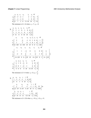 Chapter 7: Linear Programming ISM: Introductory Mathematical Analysis
264
1 2 1 2 1 2
2
1
0 3 –2 1 2 1 0 5
1 1 1 0 1 0 0 7
0 7 2 0 –2 1 –14
x x s s t t W
s
x
W M M
⎡ ⎤− −
⎢ ⎥
− −⎢ ⎥
⎢ ⎥+
⎣ ⎦
The minimum is Z = 14 when 1 27, 0.x x= =
2.
1 2 1 2 1 2
2 2 –1 0 1 0 0 1
1 3 0 –1 0 1 0 2
8 12 0 0 1 0
x x s s t t W
M M
⎡ ⎤
⎢ ⎥
⎢ ⎥
⎢ ⎥
⎣ ⎦
1 2 3 2 3 1 2
1
21
2
2 3
2 2 –1 0 1 0 0 1
1 3 0 –1 0 1 0 2
8 – 3 12 – 5 0 0 1 –3
x x x s s t t W
t
t
W M M M M M
⎡ ⎤
⎢ ⎥
⎢ ⎥
⎢ ⎥
⎣ ⎦
1 2 1 2 1 2
1 1 1
2 2 22
13 3 1
2 32 2 2
3 5 1
2 2 2
1 1 – 0 0 0
–2 0 –1 – 1 0
–4 2 0 6 – –6 0 1 –6 –
x x s s t t W
x
t
W
M M M M M
⎡ ⎤
⎢ ⎥
⎢ ⎥
⎢ ⎥
⎢ ⎥
⎢ ⎥+ +
⎢ ⎥⎣ ⎦
1 2 1 2 1 2
1 1 1 2
3 3 3 32
4 2 2 1
1 3 3 3 3
1 0 – 0 0
– 0 1 – –1 0
4 0 0 4 –4 1 –8
x x s s t t W
x
s
W M M
⎡ ⎤
⎢ ⎥
⎢ ⎥
⎢ ⎥
⎢ ⎥+
⎣ ⎦
The minimum is Z = 8 when 1 2
2
0,
3
x x= = .
3. 1 2 3
1 –1 –1 –1 1 0 18
12 6 3 0 1 0
x x x s t W
M
⎡ ⎤
⎢ ⎥
⎢ ⎥⎣ ⎦
1 2 3
1 –1 –1 –1 1 0 18 18
12 – 6 3 0 1 –18
x x x s t W
t
M M M M MW
⎡ ⎤
⎢ ⎥+ +⎢ ⎥⎣ ⎦
1 2 3
1 1 –1 –1 –1 1 0 18
0 18 15 12 –12 1 –216
x x x s t W
x
MW
⎡ ⎤
⎢ ⎥+⎢ ⎥⎣ ⎦
The minimum is Z = 216 when 1 2 318, 0, 0x x x= = = .
 