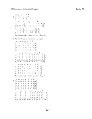 ISM: Introductory Mathematical Analysis Section 7.7
265
4.
1 2 3
1 2 –1 –1 1 0 4
1 1 2 0 1 0
x x x s t W
M
⎡ ⎤
⎢ ⎥
⎢ ⎥⎣ ⎦
1 2 3
1 2 –1 –1 1 0 4 2
1– 1– 2 2 0 1 –4
x x x s t W
t
M M M M MW
⎡ ⎤
⎢ ⎥+⎢ ⎥⎣ ⎦
1 1 1 12
2 2 2 2
51 1 1
2 2 2 2
1 – – 0 2
0 – 1 –2
x
M
W
⎡ ⎤
⎢ ⎥
⎢ ⎥+
⎢ ⎥⎣ ⎦
The minimum is Z = 2 when 1 2 30, 2, 0x x x= = = .
5. We write the second constraint as 1 3– 4.x x+ ≥
1 2 3 1 2 3 2
1 1 1 1 0 0 0 0 6
–1 0 1 0 –1 0 1 0 4
0 1 1 0 0 1 0 0 5
2 3 1 0 0 0 1 0
x x x s s s t W
M
⎡ ⎤
⎢ ⎥
⎢ ⎥
⎢ ⎥
⎢ ⎥
⎢ ⎥⎣ ⎦
1 2 3 1 2 3 2
1
2
3
1 1 1 1 0 0 0 0 6 6
–1 0 1 0 –1 0 1 0 4 4
0 1 1 0 0 1 0 0 5 5
2 3 1– 0 0 0 1 –4
x x x s s s t W
s
t
s
M M M MW
⎡ ⎤
⎢ ⎥
⎢ ⎥
⎢ ⎥
⎢ ⎥
+⎢ ⎥⎣ ⎦
1 2 3 1 2 3 2
1
3
3
2 1 0 1 1 0 –1 0 2
–1 0 1 0 –1 0 1 0 4
1 1 0 0 1 1 –1 0 1
3 3 0 0 1 0 –1 1 –4
x x x s s s t W
s
x
s
MW
⎡ ⎤
⎢ ⎥
⎢ ⎥
⎢ ⎥
⎢ ⎥
+⎢ ⎥⎣ ⎦
The minimum is Z = 4 when 1 2 30, 0, 4x x x= = = .
6. 1 2 3 1 2 3 3
3 1 1 1 0 0 0 0 4
0 2 2 0 1 0 0 0 5
1 1 1 0 0 1 1 0 2
5 1 3 0 0 0 1 0
x x x s s s t W
M
−⎡ ⎤
⎢ ⎥
⎢ ⎥
⎢ ⎥−
⎢ ⎥
⎢ ⎥⎣ ⎦
1 2 3 1 2 3 3
1
5
2 2
3
43 1 1 1 0 0 0 0 4
0 2 2 0 1 0 0 0 5
21 1 1 0 0 1 1 0 2
5 1 3 0 0 0 1 2
x x x s s s t W
s
s
t
M M M M MW
−⎡ ⎤
⎢ ⎥
⎢ ⎥
⎢ ⎥−
⎢ ⎥
− − − −⎢ ⎥⎣ ⎦
 