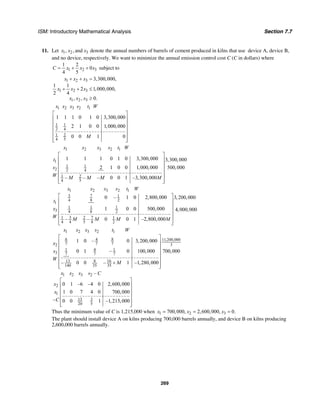 ISM: Introductory Mathematical Analysis Section 7.7
269
11. Let 1 2 3, , andx x x denote the annual numbers of barrels of cement produced in kilns that use device A, device B,
and no device, respectively. We want to minimize the annual emission control cost C (C in dollars) where
1 2 3
1 2
0
4 5
C x x x= + + subject to
1 2 3
1 2 3
1 2 3
3,300,000,
1 1
2 1,000,000,
2 4
, , 0.
x x x
x x x
x x x
+ + =
+ + ≤
≥
1 2 3 2 1
1 1
2 4
1 2
4 5
1 1 1 0 1 0 3,300,000
2 1 0 0 1,000,000
0 0 1 0
x x x s t W
M
⎡ ⎤
⎢ ⎥
⎢ ⎥
⎢ ⎥
⎢ ⎥
⎢ ⎥⎣ ⎦
1 2 3 2 1
1
1 1
2 2 4
1 2
4 5
1 1 1 0 1 0 3,300,000 3,300,000
2 1 0 0 1,000,000 500,000
– – – 0 0 1 –3,300,000
x x x s t W
t
s
W M M M M
⎡ ⎤
⎢ ⎥
⎢ ⎥
⎢ ⎥
⎢ ⎥
⎢ ⎥⎣ ⎦
1 2 3 2 1
3 7 1
4 8 2
1
1 1 1
3 4 8 2
3 71 2 1
4 4 5 8 2
0 – 1 0 2,800,000 3,200,000
1 0 0 500,000 4,000,000
– – 0 0 1 –2,800,000
x x x s t W
t
x
W M M M M
⎡ ⎤
⎢ ⎥
⎢ ⎥
⎢ ⎥
⎢ ⎥
⎢ ⎥⎣ ⎦
1 2 3 2 1
6 84 11,200,000
7 7 7 32
1 4 1
3 7 7 7
13 8 16
140 35 35
1 0 – 0 3,200,000
0 1 – 0 100,000 700,000
– 0 0 – 1 –1,280,000
x x x s t W
x
x
W
M
⎡ ⎤
⎢ ⎥
⎢ ⎥
⎢ ⎥
⎢ ⎥
⎢ ⎥+
⎢ ⎥⎣ ⎦
1 2 3 2
2
1
13 3
20 5
–
0 1 –6 –4 0 2,600,000
1 0 7 4 0 700,000
– 0 0 1 –1,215,000
x x x s C
x
x
C
⎡ ⎤
⎢ ⎥
⎢ ⎥
⎢ ⎥
⎢ ⎥
⎢ ⎥⎣ ⎦
Thus the minimum value of C is 1,215,000 when 1 2 3700,000, 2,600,000, 0.x x x= = =
The plant should install device A on kilns producing 700,000 barrels annually, and device B on kilns producing
2,600,000 barrels annually.
 