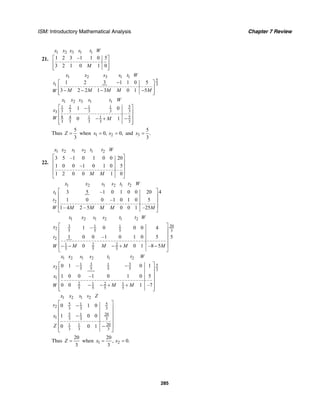 ISM: Introductory Mathematical Analysis Chapter 7 Review
285
21.
1 2 3 1 1
1 2 3 –1 1 0 5
3 2 1 0 1 0
x x x s t W
M
⎡ ⎤
⎢ ⎥
⎢ ⎥⎣ ⎦
1 2 3 1 1
5
31 1 2 3 1 1 0 5
3 2 2 1 3 0 1 5
x x x s t W
t
M M M M MW
−⎡ ⎤
⎢ ⎥− − − −⎢ ⎥⎣ ⎦
1 2 3 1 1
51 2 1 1
3 3 3 3 33
8 54 1 1
3 3 3 3 3
1 0
0 1
x x x s t W
x
W M
⎡ ⎤−
⎢ ⎥
⎢ ⎥− + −
⎢ ⎥⎣ ⎦
Thus
5
3
Z = when 1 20, 0,x x= = and 3
5
.
3
x =
22.
1 2 1 2 1 2
3 5 –1 0 1 0 0 20
1 0 0 –1 0 1 0 5
1 2 0 0 1 0
x x s s t t W
M M
⎡ ⎤
⎢ ⎥
⎢ ⎥
⎢ ⎥
⎣ ⎦
1 2 1 2 1 2
1
2
3 5 –1 0 1 0 0 20 4
1 0 0 –1 0 1 0 5
1– 4 2 – 5 0 0 1 –25
x x s s t t W
t
t
W M M M M M
⎡ ⎤
⎢ ⎥
⎢ ⎥
⎢ ⎥
⎣ ⎦
1 2 1 2 1 2
3 201 1
2 5 5 5 3
2
1 2 2
5 5 5
1 – 0 0 0 4
1 0 0 –1 0 1 0 5 5
0 0 1 –8 5
x x s s t t W
x
t
M M M MW
⎡ ⎤
⎢ ⎥
⎢ ⎥
⎢ ⎥
⎢ ⎥− − − + −
⎣ ⎦
1 2 1 2 1 2
3 31 1 5
2 5 5 5 5 3
1
2 1 2 1
5 5 5 5
0 1 – 0 1
1 0 0 –1 0 1 0 5
0 0 1 –7
x x s s t t W
x
x
M MW
⎡ ⎤−
⎢ ⎥
⎢ ⎥
⎢ ⎥
⎢ ⎥− − + +
⎢ ⎥⎣ ⎦
1 2 1 2
5 51
2 3 3 3
5 201
1 3 3 3
201 1
3 3 3
0 1 0
1 0 0
0 0 1
x x s s Z
s
x
Z
⎡ ⎤−
⎢ ⎥
⎢ ⎥−⎢ ⎥
⎢ ⎥
−⎢ ⎥⎣ ⎦
Thus
20
3
Z = when 1 2
20
, 0.
3
x x= =
 