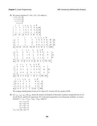 Chapter 7: Linear Programming ISM: Introductory Mathematical Analysis
290
32. We want to maximize P = 10x + 15y + 22z subject to
2 2 40,
2 34,
24,
, , 0.
x y z
x y z
x y z
x y z
+ + ≤
+ + ≤
+ + ≥
≥
1 2 3 3
1 2 2 1 0 0 0 0 40
1 1 2 0 1 0 0 0 34
1 1 1 0 0 –1 1 0 24
–10 –15 –22 0 0 0 1 0
x y z s s s t W
M
⎡ ⎤
⎢ ⎥
⎢ ⎥
⎢ ⎥
⎢ ⎥
⎢ ⎥⎣ ⎦
1 2 3 3
1
2
3
1 2 2 1 0 0 0 0 40 20
1 1 2 0 1 0 0 0 34 17
1 1 1 0 0 –1 1 0 24 24
–10 – –15 – –22 – 0 0 0 1 24
x y z s s s t W
s
s
t
M M M M MW
⎡ ⎤
⎢ ⎥
⎢ ⎥
⎢ ⎥
⎢ ⎥
−⎢ ⎥⎣ ⎦
1 2 3 3
1
1 1 1
2 2 2
1 1 1
2 2 2
3
2 2 2
0 1 0 1 –1 0 0 0 6 6
1 0 0 0 0 17 34
140 0 – –1 1 0 7
1– –4 – 0 0 11 0 1 374 – 7M M M
x y z s s s t W
s
z
t
M MW
⎡ ⎤
⎢ ⎥
⎢ ⎥
⎢ ⎥
⎢ ⎥
⎢ ⎥
+⎢ ⎥
⎣ ⎦
1 2 3 3
1 1
2 2
1 1
2 2
3
2 2
0 1 0 1 –1 0 0 0 6
0 1 – 1 0 0 0 14 28
0 0 – 0 –1 1 0 4 8
1– 0 0 4 7 0 1 398 – 4M M
x y z s s s t W
y
z
t
M MW
⎡ ⎤
⎢ ⎥
⎢ ⎥
⎢ ⎥
⎢ ⎥
⎢ ⎥
⎢ ⎥+
⎢ ⎥⎣ ⎦
1 2 3 3
0 1 0 1 –1 0 0 0 6
0 0 1 0 1 1 –1 0 10
1 0 0 –1 0 –2 2 0 8
0 0 0 5 7 2 –2 1 390
x y z s s s t W
y
z
x
MW
⎡ ⎤
⎢ ⎥
⎢ ⎥
⎢ ⎥
⎢ ⎥
+⎢ ⎥⎣ ⎦
The company should produce 8 units of X, 6 units of Y, 10 units of Z, for a profit of $390.
33. Let , , , andAC AD BC BDx x x x denote the amounts (in hundreds of thousands of gallons) transported from A to C,
A to D, B to C, and B to D, respectively. If C is the total transportation cost in thousands of dollars, we want to
minimize 2 2 4AC AD BC BDC x x x x= + + + subject to
6,
6,
5,
5,
, , , 0.
AC AD
BC BD
AC BC
AD BD
AC AD BC BD
x x
x x
x x
x x
x x x x
+ ≤
+ ≤
+ =
+ =
≥
 