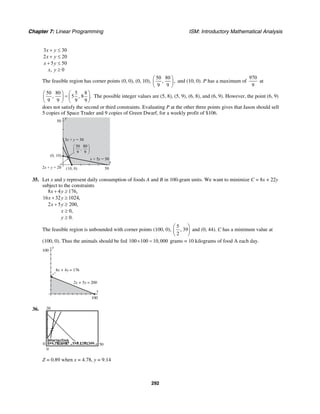 Chapter 7: Linear Programming ISM: Introductory Mathematical Analysis
292
3 30
2 20
5 50
, 0
x y
x y
x y
x y
+ ≤
+ ≤
+ ≤
≥
The feasible region has corner points (0, 0), (0, 10),
50 80
, ,
9 9
⎛ ⎞
⎜ ⎟
⎝ ⎠
and (10, 0). P has a maximum of
970
9
at
50 80 5 8
, 5 , 8 .
9 9 9 9
⎛ ⎞ ⎛ ⎞
=⎜ ⎟ ⎜ ⎟
⎝ ⎠ ⎝ ⎠
The possible integer values are (5, 8), (5, 9), (6, 8), and (6, 9). However, the point (6, 9)
does not satisfy the second or third constraints. Evaluating P at the other three points gives that Jason should sell
5 copies of Space Trader and 9 copies of Green Dwarf, for a weekly profit of $106.
y
50
x
50
x + 5y = 50
3x + y = 30
(0, 10)
(10, 0)
50
9
80
9
,
⎛
⎝
⎜
⎞
⎠
⎟
2x + y = 20
35. Let x and y represent daily consumption of foods A and B in 100-gram units. We want to minimize C = 8x + 22y
subject to the constraints
8 4 176,
16 32 1024,
2 5 200,
0,
0.
x y
x y
x y
x
y
+ ≥
+ ≥
+ ≥
≥
≥
The feasible region is unbounded with corner points (100, 0),
5
, 39
2
⎛ ⎞
⎜ ⎟
⎝ ⎠
and (0, 44). C has a minimum value at
(100, 0). Thus the animals should be fed 100 100 10,000× = grams = 10 kilograms of food A each day.
y
100
x
100
2x + 5y = 200
8x + 4y = 176
36. 20
0
0 50
Z = 0.89 when x = 4.78, y = 9.14
 