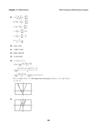 Chapter 11: Differentiation ISM: Introductory Mathematical Analysis
382
29.
1
(1 )
L
L
dC
r r
dD
dC
r r
dD
η
η
η η
⎛ ⎞⎛ ⎞
= −⎜ ⎟⎜ ⎟
+ ⎝ ⎠⎝ ⎠
⎛ ⎞
+ = −⎜ ⎟
⎝ ⎠
L
L
dC
r r r
dD
dC
r r r
dD
η η
η η
⎛ ⎞
+ = −⎜ ⎟
⎝ ⎠
⎛ ⎞
= − −⎜ ⎟
⎝ ⎠
L
dC
L dD
dC
r r r
dD
r
r r
η
η
⎛ ⎞
= − −⎜ ⎟
⎝ ⎠
=
− −
30. 1.565, 1.470
31. –3.000, 13.445
32. 0.680, 1820.369
33. –5.120, 0.038
34. 2
( )y f x x x= = +
0
( ) ( )
( ) lim
h
f x h f x
f x
h→
+ −
′ =
2 2
0
( ) ( )
lim
h
x h x h x x
h→
⎡ ⎤ ⎡ ⎤+ + + − +
⎣ ⎦ ⎣ ⎦=
2
0 0
2
lim lim (2 1) 2 1
h h
xh h h
x h x
h→ →
+ +
= = + + = +
If x = –2, then ( ) 3f x′ = − . The tangent line at the point (–2, 2) is y – 2 = –3(x + 2), or
y = –3x – 4.
7
–3
–5 5
35. 5
–5
–5 5
 