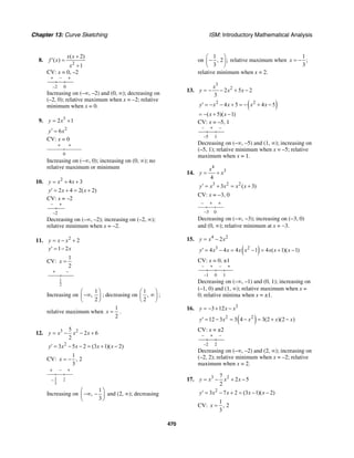 Chapter 13: Curve Sketching ISM: Introductory Mathematical Analysis
470
8.
2
( 2)
( )
1
x x
f x
x
+
′ =
+
CV: x = 0, –2
+ – +
0–2
Increasing on (–∞, –2) and (0, ∞); decreasing on
(–2, 0); relative maximum when x = –2; relative
minimum when x = 0.
9. 3
2 1y x= +
2
6y x′ =
CV: x = 0
+ +
0
Increasing on (−∞, 0); increasing on (0, ∞); no
relative maximum or minimum
10. 2
4 3y x x= + +
2 4 2( 2)y x x′ = + = +
CV: x = –2
– +
–2
Decreasing on (–∞, –2); increasing on (–2, ∞);
relative minimum when x = –2.
11. 2
2y x x= − +
1 2y x′ = −
CV:
1
2
x =
+ –
1
2
Increasing on
1
,
2
⎛ ⎞
−∞⎜ ⎟
⎝ ⎠
; decreasing on
1
,
2
⎛ ⎞
∞⎜ ⎟
⎝ ⎠
;
relative maximum when
1
2
x = .
12. 3 25
2 6
2
y x x x= − − +
2
3 5 2 (3 1)( 2)y x x x x′ = − − = + −
CV:
1
, 2
3
x = −
−+
− 1
3
2
+
Increasing on
1
,
3
⎛ ⎞
−∞ −⎜ ⎟
⎝ ⎠
and (2, ∞); decreasing
on
1
, 2 ;
3
⎛ ⎞
−⎜ ⎟
⎝ ⎠
relative maximum when
1
;
3
x = −
relative minimum when x = 2.
13.
3
2
2 5 2
3
x
y x x= − − + −
( )2 2
4 5 4 5
( 5)( 1)
y x x x x
x x
′ = − − + = − + −
= − + −
CV: x = –5, 1
– + –
1–5
Decreasing on (–∞, –5) and (1, ∞); increasing on
(–5, 1); relative minimum when x = –5; relative
maximum when x = 1.
14.
4
3
4
x
y x= +
3 2 2
3 ( 3)y x x x x′ = + = +
CV: x = −3, 0
– + +
0–3
Decreasing on (−∞, −3); increasing on (−3, 0)
and (0, ∞); relative minimum at x = −3.
15. 4 2
2y x x= −
( )3 2
4 4 4 1 4 ( 1)( 1)y x x x x x x x′ = − = − = + −
CV: x = 0, ±1
– + – +
1–1 0
Decreasing on (–∞, –1) and (0, 1); increasing on
(–1, 0) and (1, ∞); relative maximum when x =
0; relative minima when x = ±1.
16. 3
3 12y x x= − + −
( )2 2
12 3 3 4 3(2 )(2 )y x x x x′ = − = − = + −
CV: x = ±2
– + –
2–2
Decreasing on (–∞, –2) and (2, ∞); increasing on
(–2, 2); relative minimum when x = –2; relative
maximum when x = 2.
17. 3 27
2 5
2
y x x x= − + −
2
3 7 2 (3 1)( 2)y x x x x′ = − + = − −
CV:
1
, 2
3
x =
 