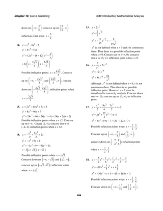 Chapter 13: Curve Sketching ISM: Introductory Mathematical Analysis
484
down on
5
, ;
6
⎛ ⎞
−∞⎜ ⎟
⎝ ⎠
concave up on
5
, ;
6
⎛ ⎞
∞⎜ ⎟
⎝ ⎠
inflection point when
5
6
x =
12. 4 2
8 6y x x= − −
3
4 16y x x′ = −
2 2 4
12 16 12
3
y x x
⎛ ⎞′′ = − = −⎜ ⎟
⎝ ⎠
2 3 2 3
12
3 3
x x
⎛ ⎞⎛ ⎞
= − +⎜ ⎟⎜ ⎟⎜ ⎟⎜ ⎟
⎝ ⎠⎝ ⎠
Possible inflection points
2 3
3
x = ± . Concave
up on
2 3
, –
3
⎛ ⎞
−∞⎜ ⎟⎜ ⎟
⎝ ⎠
and
2 3
,
3
⎛ ⎞
∞⎜ ⎟⎜ ⎟
⎝ ⎠
; concave
down on
2 3 2 3
,
3 3
⎛ ⎞
−⎜ ⎟⎜ ⎟
⎝ ⎠
; inflection points when
2 3
3
x = ± .
13. 4 2
2 48 7 3y x x x= − + +
3
8 96 7y x x′ = − +
2 2
24 96 24( 4) 24( 2)( 2)y x x x x′′ = − = − = + −
Possible inflection points when x = ±2. Concave
up on (−∞, −2) and (2, ∞); concave down on
(−2, 2); inflection points when x = ±2.
14.
4 2
9
2
4 2
x x
y x= − + +
3
9 2y x x′ = − + +
( )( )
2 2
3 9 3( 3)
3 3 3
y x x
x x
′′ = − + = − −
= − + −
Possible inflection points when 3x = ± .
Concave down on ( )– , 3∞ − and ( )3, ∞ ;
concave up on ( )3, 3− ; inflection points
when 3x = ± .
15.
1
52y x=
4
5
2
5
y x
−
′ =
9
5
9
5
8 8
25 25
y x
x
−
′′ = − = −
y′′ is not defined when x = 0 and y is continuous
there. Thus there is a possible inflection point
when x = 0. Concave up on (–∞, 0); concave
down on (0, ∞); inflection point when x = 0.
16. 3
3
7
7y x
x
−
= =
4
21y x−′ = −
5
5
84
84y x
x
−′′ = =
Although y′′ is not defined when x = 0, y is not
continuous there. Thus there is no possible
inflection point. However, x = 0 must be
considered in concavity analysis. Concave down
on (−∞, 0); concave up on (0, ∞); no inflection
point
17.
4 3 2
19 7
5
2 6 2
x x x
y x= + − + +
3 219
2 7 1
2
y x x x′ = + − +
2
6 19 7 (3 1)(2 7)y x x x x′′ = + − = − +
Possible inflection points when
7 1
,
2 3
x = − .
Concave up on
7
,
2
⎛ ⎞
−∞ −⎜ ⎟
⎝ ⎠
and
1
,
3
⎛ ⎞
∞⎜ ⎟
⎝ ⎠
;
concave down on
7 1
,
2 3
⎛ ⎞
−⎜ ⎟
⎝ ⎠
; inflection points
when
7 1
,
2 3
x = − .
18. 4 3 25 1 1 1 2
2 6 2 3 5
y x x x x= − − + + −
3 21 1
10
2 3
y x x x′ = − − + +
2
30 1 (5 1)(6 1)y x x x x′′ = − − + = − + −
Possible inflection points when
1 1
,
5 6
x = − .
Concave down on
1
,
5
⎛ ⎞
−∞ −⎜ ⎟
⎝ ⎠
and
1
,
6
⎛ ⎞
∞⎜ ⎟
⎝ ⎠
;
 