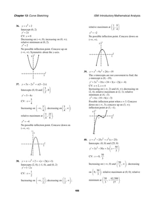 Chapter 13: Curve Sketching ISM: Introductory Mathematical Analysis
488
36. 2
2y x= +
Intercept (0, 2)
2y x′ =
CV: x = 0
Decreasing on (–∞, 0); increasing on (0, ∞);
relative minimum at (0, 2).
2y′′ =
No possible inflection point. Concave up on
(–∞, ∞). Symmetric about the y-axis.
y
8
x
5
37. 2
5 2 (5 2 )y x x x x= − = −
Intercepts (0, 0) and
5
, 0
2
⎛ ⎞
⎜ ⎟
⎝ ⎠
5 4y x′ = −
CV:
5
4
x =
Increasing on
5
, ;
4
⎛ ⎞
−∞⎜ ⎟
⎝ ⎠
decreasing on
5
, ;
4
⎛ ⎞
∞⎜ ⎟
⎝ ⎠
relative maximum at
5 25
, .
4 8
⎛ ⎞
⎜ ⎟
⎝ ⎠
4y′′ = −
No possible inflection point. Concave down on
(–∞, ∞).
x
y
5
5
38. 2
2 ( 2)( 1)y x x x x= − + = − − +
Intercepts (2, 0), (–1, 0), and (0, 2)
1 2y x′ = −
CV:
1
2
x =
Increasing on
1
,
2
⎛ ⎞
−∞⎜ ⎟
⎝ ⎠
; decreasing on
1
,
2
⎛ ⎞
∞⎜ ⎟
⎝ ⎠
;
relative maximum at
1 9
,
2 4
⎛ ⎞
⎜ ⎟
⎝ ⎠
2y′′ = −
No possible inflection point. Concave down on
(–∞, ∞).
y
5
x
5
39. 3 2
9 24 19y x x x= − + −
The x-intercepts are not convenient to find; the
y-intercept is (0, –19).
2
3 18 24 3( 2)( 4)y x x x x′ = − + = − −
CV: x = 2, x = 4
Increasing on (–∞, 2) and (4, ∞); decreasing on
(2, 4); relative maximum at (2, 1); relative
minimum at (4, –3).
6 18 6( 3)y x x′′ = − = −
Possible inflection point when x = 3. Concave
down on (–∞, 3); concave up on (3, ∞);
inflection point at (3, –1).
y
8
x
82
40. 3 2 2
25 ( 25)y x x x x= − = −
Intercepts: (0, 0) and (25, 0)
2 50
3 50 3
3
y x x x x
⎛ ⎞
′ = − = −⎜ ⎟
⎝ ⎠
CV:
50
0,
3
x =
Increasing on (−∞, 0) and
50
, ;
3
⎛ ⎞
∞⎜ ⎟
⎝ ⎠
decreasing
on
50
0, ;
3
⎛ ⎞
⎜ ⎟
⎝ ⎠
relative maximum at (0, 0); relative
minimum at
50 62,500
, .
3 27
⎛ ⎞
−⎜ ⎟
⎝ ⎠
 