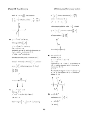 Chapter 13: Curve Sketching ISM: Introductory Mathematical Analysis
490
down on
5
,
12
⎛ ⎞
−∞ −⎜ ⎟
⎝ ⎠
; concave up on
5
,
12
⎛ ⎞
− ∞⎜ ⎟
⎝ ⎠
; inflection point at
5 235
, .
12 432
⎛ ⎞
− −⎜ ⎟
⎝ ⎠
x
y
3
3
45. 3 4 3
4 3 (4 3 )y x x x x= − = −
Intercepts (0, 0),
4
, 0
3
⎛ ⎞
⎜ ⎟
⎝ ⎠
2 3 2
12 12 12 (1 )y x x x x′ = − = −
CV: x = 0 and x = 1
Increasing on (–∞, 0) and (0, 1); decreasing on
(1, ∞); relative maximum at (1, 1).
2
24 36 12 (2 3 )y x x x x′′ = − = −
Possible inflection points at x = 0 and
2
3
x = .
Concave down on (–∞, 0) and
2
,
3
⎛ ⎞
∞⎜ ⎟
⎝ ⎠
; concave
up on
2
0,
3
⎛ ⎞
⎜ ⎟
⎝ ⎠
; inflection points at (0, 0) and
2 16
,
3 27
⎛ ⎞
⎜ ⎟
⎝ ⎠
y
3
x
3
46. 3 2
2 4y x x x= − + − +
Intercept (0, 4)
2
3 4 1 (3 1)( 1)y x x x x′ = − + − = − − −
CV:
1
, 1
3
x =
Decreasing on
1
,
3
⎛ ⎞
−∞⎜ ⎟
⎝ ⎠
and (1, ∞); increasing
on
1
, 1 ;
3
⎛ ⎞
⎜ ⎟
⎝ ⎠
relative minimum at
1 104
, ;
3 27
⎛ ⎞
⎜ ⎟
⎝ ⎠
relative maximum at (1, 4)
2
6 4 6
3
y x x
⎛ ⎞
′′ = − + = − −⎜ ⎟
⎝ ⎠
Possible inflection point when
2
.
3
x = Concave
up on
2
, ;
3
⎛ ⎞
−∞⎜ ⎟
⎝ ⎠
concave down on
2
, ;
3
⎛ ⎞
∞⎜ ⎟
⎝ ⎠
inflection point at
2 106
,
3 27
⎛ ⎞
⎜ ⎟
⎝ ⎠
x
y
8
5
47. 3
2 12y x x= − + −
Intercept (0, –2)
2
12 3 3(2 )(2 )y x x x′ = − = + −
CV: x = ±2
Decreasing on (–∞, –2) and (2, ∞); increasing on
(–2, 2); relative minimum at (–2, –18); relative
maximum at (2, 14).
6y x′′ = −
Possible inflection point when x = 0. Concave up
on (–∞, 0); concave down on (0, ∞); inflection
point at (0, –2).
y
20
x
5
48. 3
(3 2 )y x= +
Intercepts (0, 27),
3
, 0
2
⎛ ⎞
−⎜ ⎟
⎝ ⎠
2
6(3 2 )y x′ = +
CV:
3
2
x = −
 