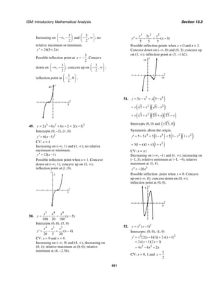 ISM: Introductory Mathematical Analysis Section 13.3
491
Increasing on
3
,
2
⎛ ⎞
−∞ −⎜ ⎟
⎝ ⎠
and
3
,
2
⎛ ⎞
− ∞⎜ ⎟
⎝ ⎠
; no
relative maximum or minimum.
24(3 2 )y x′′ = +
Possible inflection point at
3
2
x = − .Concave
down on
3
,
2
⎛ ⎞
−∞ −⎜ ⎟
⎝ ⎠
; concave up on
3
,
2
⎛ ⎞
− ∞⎜ ⎟
⎝ ⎠
;
inflection point at
3
, 0
2
⎛ ⎞
−⎜ ⎟
⎝ ⎠
.
y
40
x
5
49. 3 2 3
2 6 6 2 2( 1)y x x x x= − + − = −
Intercepts (0, –2), (1, 0)
2
6( 1)y x′ = −
CV: x = 1
Increasing on (–∞, 1) and (1, ∞); no relative
maximum or minimum.
12( 1)y x′′ = −
Possible inflection point when x = 1. Concave
down on (–∞, 1); concave up on (1, ∞);
inflection point at (1, 0).
x
y
3
3
50.
5 4 4
( 5)
100 20 100
x x x
y x= − = −
Intercepts (0, 0), (5, 0)
4 3 3
( 4)
20 5 20
x x x
y x′ = − = −
CV: x = 0 and x = 4
Increasing on (–∞, 0) and (4, ∞); decreasing on
(0, 4); relative maximum at (0, 0); relative
minimum at (4, –2.56).
3 2 2
3
( 3)
5 5 5
x x x
y x′′ = − = −
Possible inflection points when x = 0 and x = 3.
Concave down on (–∞, 0) and (0, 3); concave up
on (3, ∞); inflection point at (3, –1.62).
y
10
x
10
51. ( )5 4
5 5y x x x x= − = −
( )( )2 2
5 5x x x= + −
( )( )( )2 4 4
5 5 5x x x x= + + −
Intercepts (0, 0) and ( )4
5, 0±
Symmetric about the origin.
( ) ( )( )4 4 2 2
5 5 5 1 5 1 1y x x x x′ = − = − = − +
( )2
5(1 )(1 ) 1x x x= − + +
CV: x = ±1
Decreasing on (–∞, –1) and (1, ∞); increasing on
(–1, 1); relative minimum at (–1, –4); relative
maximum at (1, 4).
3
20y x′′ = −
Possible inflection point when x = 0. Concave
up on (–∞, 0); concave down on (0, ∞);
inflection point at (0, 0).
y
5
x
5
52. 2 2
( 1)y x x= −
Intercepts: (0, 0), (1, 0)
2 2
3 2
[2( 1)(1)] 2 ( 1)
2 ( 1)(2 1)
4 6 2
y x x x x
x x x
x x x
′ = − + −
= − −
= − +
CV: x = 0, 1 and
1
2
x =
 