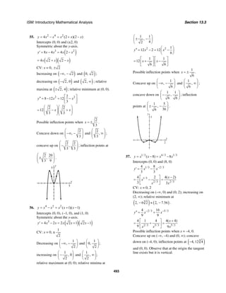 ISM: Introductory Mathematical Analysis Section 13.3
493
55. 2 4 2
4 (2 )(2 )y x x x x x= − = + −
Intercepts (0, 0) and (±2, 0)
Symmetric about the y-axis.
( )3 2
8 4 4 2y x x x x′ = − = −
( )( )4 2 2x x x= + −
CV: x = 0, 2±
Increasing on ( ), 2−∞ − and ( )0, 2 ;
decreasing on ( )2, 0− and ( )2, ∞ ; relative
maxima at ( )2, 4± ; relative minimum at (0, 0).
2 22
8 12 12
3
y x x
⎡ ⎤′′ = − = −⎢ ⎥
⎣ ⎦
2 2
12
3 3
x x
⎛ ⎞⎛ ⎞
= − +⎜ ⎟⎜ ⎟⎜ ⎟⎜ ⎟
⎝ ⎠⎝ ⎠
Possible inflection points when
2
3
x = ± .
Concave down on
2
,
3
⎛ ⎞
−∞ −⎜ ⎟⎜ ⎟
⎝ ⎠
and
2
,
3
⎛ ⎞
∞⎜ ⎟⎜ ⎟
⎝ ⎠
;
concave up on
2 2
,
3 3
⎛ ⎞
−⎜ ⎟⎜ ⎟
⎝ ⎠
; inflection points at
2 20
,
3 9
⎛ ⎞
±⎜ ⎟⎜ ⎟
⎝ ⎠
.
y
5
x
5
56. 4 2 2
( 1)( 1)y x x x x x= − = + −
Intercepts (0, 0), (−1, 0), and (1, 0)
Symmetric about the y-axis.
( )( )3
4 2 2 2 1 2 1y x x x x x′ = − = + −
CV: x = 0, ±
1
2
Decreasing on
1
,
2
⎛ ⎞
−∞ −⎜ ⎟
⎝ ⎠
and
1
0, ;
2
⎛ ⎞
⎜ ⎟
⎝ ⎠
increasing on
1
, 0
2
⎛ ⎞
−⎜ ⎟
⎝ ⎠
and
1
, ;
2
⎛ ⎞
∞⎜ ⎟
⎝ ⎠
relative maximum at (0, 0); relative minima at
1 1
,
42
⎛ ⎞
± −⎜ ⎟
⎝ ⎠
2 2 1
12 2 12
6
y x x
⎛ ⎞′′ = − = −⎜ ⎟
⎝ ⎠
1 1
12
6 6
x x
⎡ ⎤ ⎡ ⎤
= + −⎢ ⎥ ⎢ ⎥
⎣ ⎦ ⎣ ⎦
Possible inflection points when
1
.
6
x = ±
Concave up on
1
,
6
⎛ ⎞
−∞ −⎜ ⎟
⎝ ⎠
and
1
,
6
⎛ ⎞
∞⎜ ⎟
⎝ ⎠
;
concave down on
1 1
,
6 6
⎛ ⎞
−⎜ ⎟
⎝ ⎠
; inflection
points at
1 5
,
366
⎛ ⎞
± −⎜ ⎟
⎝ ⎠
.
x
y
3
2
57. 1/ 3 4/3 1/3
( 8) 8y x x x x= − = −
Intercepts (0, 0) and (8, 0)
1/3 2/34 8
3 3
y x x−
′ = −
1/3
2/3 2/3
4 2 4( 2)
3 3
x
x
x x
⎡ ⎤ −
= − =⎢ ⎥
⎣ ⎦
CV: x = 0, 2
Decreasing on (–∞, 0) and (0, 2); increasing on
(2, ∞); relative minimum at
( ) ( )3
2, 6 2 2, 7.56− ≈ − .
2/3 5/34 16
9 9
y x x− −′′ = +
2/3 5/3 5/3
4 1 4 4( 4)
9 9
x
x x x
⎡ ⎤ +
= + =⎢ ⎥
⎣ ⎦
Possible inflection points when x = –4, 0.
Concave up on (–∞, –4) and (0, ∞); concave
down on (–4, 0); inflection points at ( )3
4, 12 4−
and (0, 0). Observe that at the origin the tangent
line exists but it is vertical.
 