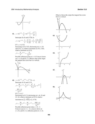 ISM: Introductory Mathematical Analysis Section 13.3
495
x
y
5
5
61.
1/3
2/3 2/3
6 6 1
2 12
x x
y x x
⎛ ⎞
= − = −⎜ ⎟
⎜ ⎟
⎝ ⎠
Intercepts (0, 0) and (1728, 0)
3
1/3
3 3
1 1 8 1 8
4 1
2 2 2
x
y x
x x
− ⎛ ⎞⎛ ⎞ −
′ = − = − = ⎜ ⎟⎜ ⎟ ⎜ ⎟⎝ ⎠ ⎝ ⎠
CV: x = 0, 512
Increasing on (0, 512); decreasing on (−∞, 0)
and (512, ∞); relative maximum at (512, 128);
relative minimum at (0, 0).
4/3
4/3
4 4
3 3
y x
x
−′′ = − = −
Possible inflection point at x = 0. Concave down
on (−∞, 0) and (0, ∞). Observe that at the origin
the tangent line exists but it is vertical.
x
y
300
2500
62. 2/3 5/3 2/3
5 (5 )y x x x x= − = −
Intercepts (0, 0) and (5, 0)
1/3 2/3 2/3
1/3
10 5 5 2
3 3 3
y x x x
x
− ⎡ ⎤
′ = − = −⎢ ⎥
⎣ ⎦
1/3
5(2 )
3
x
x
−
=
CV: x = 0, 2
Increasing on (0, 2); decreasing on (–∞, 0) and
(2, ∞); relative minimum at (0, 0); relative
maximum at ( )3
2, 3 4 (2, 4.76)≈
4/3 1/3
4/3
10 10 10(1 )
9 9 9
x
y x x
x
− − +
′′ = − − = −
Possible inflection point when x = 0, –1.
Concave up on (–∞, –1); concave down on
(–1, 0), and (0, ∞); inflection point at (–1, 6).
Observe that at the origin the tangent line exists
but it is vertical.
y
8
x
8
63. y
8
4
x
82
64.
y
8
4
x
84
65. y
5
1 x
51
66. y
8
4
x
3
 