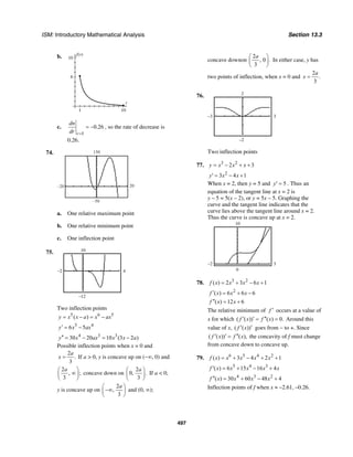 ISM: Introductory Mathematical Analysis Section 13.3
497
b. f(r)
10
6
r
101
c.
5
0.26
r
dn
dr =
= − , so the rate of decrease is
0.26.
74.
–20 20
–50
150
a. One relative maximum point
b. One relative minimum point
c. One inflection point
75.
4–2
10
–12
Two inflection points
5 6 5
( )y x x a x ax= − = −
5 4
6 5y x ax′ = −
4 3 3
30 20 10 (3 2 )y x ax x x a′′ = − = −
Possible inflection points when x = 0 and
2
.
3
a
x = If a > 0, y is concave up on (−∞, 0) and
2
, ;
3
a⎛ ⎞
∞⎜ ⎟
⎝ ⎠
concave down on
2
0, .
3
a⎛ ⎞
⎜ ⎟
⎝ ⎠
If a < 0,
y is concave up on
2
,
3
a⎛ ⎞
−∞⎜ ⎟
⎝ ⎠
and (0, ∞);
concave downon
2
, 0 .
3
a⎛ ⎞
⎜ ⎟
⎝ ⎠
In either case, y has
two points of inflection, when x = 0 and
2
.
3
a
x =
76.
3–3
2
–2
Two inflection points
77. 3 2
2 3y x x x= − + +
2
3 4 1y x x′ = − +
When x = 2, then y = 5 and 5y′ = . Thus an
equation of the tangent line at x = 2 is
y – 5 = 5(x – 2), or y = 5x – 5. Graphing the
curve and the tangent line indicates that the
curve lies above the tangent line around x = 2.
Thus the curve is concave up at x = 2.
3–2
10
0
78. 3 2
( ) 2 3 6 1f x x x x= + − +
2
( ) 6 6 6f x x x′ = + −
( ) 12 6f x x′′ = +
The relative minimum of f ′ occurs at a value of
x for which ( ( )) ( ) 0.f x f x′ ′ ′′= = Around this
value of x, ( ( ))f x′ ′ goes from − to +. Since
( ( )) ( ),f x f x′ ′ ′′= the concavity of f must change
from concave down to concave up.
79. 6 5 4 2
( ) 3 4 2 1f x x x x x= + − + +
5 4 3
( ) 6 15 16 4f x x x x x′ = + − +
4 3 2
( ) 30 60 48 4f x x x x′′ = + − +
Inflection points of f when x ≈ –2.61, –0.26.
 