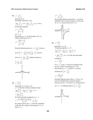 ISM: Introductory Mathematical Analysis Section 13.5
505
32.
2
1
1
y
x
=
+
Intercept (0, 1)
Symmetric about the y-axis.
2 2
1 1
lim 0 lim
1 1x xx x→∞ →−∞
= =
+ +
, so y = 0 is a
horizontal asymptote.
( )
2
2
2
1
x
y
x
−
′ =
+
CV: x = 0
Increasing on (–∞, 0); decreasing on (0, ∞);
relative maximum at (0, 1)
( )
( )
2
3
2
2 3 1
1
x
y
x
−
′′ =
+
Possible inflection points at
1
3
x = ± . Concave
up on
1
,
3
⎛ ⎞
−∞ −⎜ ⎟
⎝ ⎠
and
1
,
3
⎛ ⎞
∞⎜ ⎟
⎝ ⎠
; concave
down on
1 1
,
3 3
⎛ ⎞
−⎜ ⎟
⎝ ⎠
; inflection points at
1 3
,
43
⎛ ⎞
±⎜ ⎟
⎝ ⎠
y
5
x
5
33.
1
1
x
y
x
+
=
−
Intercepts: (0, 1) and (–1, 0).
x = 1 is the only vertical asymptote. Since
1
lim lim lim 1 1
1
1
lim
1
x x x
x
x x
x x
x
x
→∞ →∞ →∞
→−∞
+
= = − = −
− −
+
=
−
the only horizontal asymptote is y = –1.
2 2
(1 )(1) (1 )( 1) 2
(1 ) (1 )
x x
y
x x
− − + −
′ = =
− −
No critical values, but x = 1 must be considered
in the ind.-dec. analysis. Increasing on (–∞, 1)
and (1, ∞).
3
4
(1 )
y
x
′′ =
−
No possible inflection point, but x = 1 must be
included in the concavity analysis. Concave up
on (–∞, 1); concave down on (1, ∞).
y
3
x5
34.
2
1 x
y
x
+
=
Intercept is (−1, 0)
Vertical asymptote is x = 0.
2 2
1 1
lim lim lim 0
x x x
x x
xx x→∞ →∞ →∞
+
= = =
2
1
lim
x
x
x→−∞
+
= , so y = 0 is the only horizontal
asymptote.
3
2x
y
x
+
′ = −
CV: x = −2, but x = 0 must be included in the
inc-dec. analysis. Increasing on (−2, 0);
decreasing on (−∞, −2) and (0, ∞); relative
minimum at
1
2,
4
⎛ ⎞
− −⎜ ⎟
⎝ ⎠
.
4
2(3 )x
y
x
+
′′ =
Possible inflection point when x = 3, but x = 0
must be included in the concavity analysis.
Concave up on (−3, 0) and (0, ∞); concave down
on (−∞, −3); inflection point at
2
3,
9
⎛ ⎞
− −⎜ ⎟
⎝ ⎠
.
x
y
5
5
 