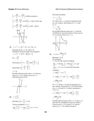 Chapter 13: Curve Sketching ISM: Introductory Mathematical Analysis
530
39 39
1 , 1
3 3
⎛ ⎞
− +⎜ ⎟⎜ ⎟
⎝ ⎠
; inflection points at
39 298
1 , 16 39 ( 1.08, 133.03)
3 9
⎛ ⎞
− + ≈ −⎜ ⎟⎜ ⎟
⎝ ⎠
and
39 298
1 , 16 39 (3.08, 66.81)
3 9
⎛ ⎞
+ − ≈ −⎜ ⎟⎜ ⎟
⎝ ⎠
.
y
300
x
10
(5, –225)
(0, 150)
41. ( )3 2
1 ( 1)( 1)y x x x x x x x= − = − = + −
Intercepts (0, 0), (−1, 0), and (1, 0)
Symmetric about the origin. No asymptotes.
( )( )2
3 1 3 1 3 1y x x x′ = − = + −
CV:
3
3
±
Increasing on
3
,
3
⎛ ⎞
−∞ −⎜ ⎟⎜ ⎟
⎝ ⎠
and
3
, ;
3
⎛ ⎞
∞⎜ ⎟⎜ ⎟
⎝ ⎠
decreasing on
3 3
, .
3 3
⎛ ⎞
−⎜ ⎟⎜ ⎟
⎝ ⎠
6y x′′ =
Possible inflection point when x = 0. Concave
down on (–∞, 0); concave up on (0, ∞);
inflection point at (0, 0).
x
y
5
5
42.
2
3
x
y
x
+
=
−
Intercepts:
2
0,
3
⎛ ⎞
−⎜ ⎟
⎝ ⎠
, (–2, 0)
Vertical asymptote is x = 3.
2 2
lim 1 lim
3 3x x
x x
x x→∞ →−∞
+ +
= =
− −
, so y = 1 is a
horizontal asymptote.
2
5
( 3)
y
x
′ = −
−
CV: None, but x = 3 must be considered in the
inc.-dec. analysis. Decreasing on (–∞, 3) and
(3, ∞).
3
10
( 3)
y
x
′′ =
−
No possible inflection point, but x = 3 must be
considered in concavity analysis. Concave up on
(3, ∞); concave down on (–∞, 3).
y
5
x
8
43.
2
00( 5)
( )
x
y f x
x
1 +
= =
Intercept: (–5, 0)
No symmetry.
x = 0 is the only vertical asymptote.
2
1
lim 100 lim 100 lim 0
x x x
x
y
xx→∞ →∞ →∞
= = = , and
lim 0
x
y
→−∞
= , so y = 0 is the only horizontal
asymptote.
1 2
100 5y x x− −⎡ ⎤= +
⎣ ⎦
2 3
2 3
1 10
100 10 100y x x
x x
− − ⎡ ⎤⎡ ⎤′ = − − = − +⎢ ⎥⎣ ⎦ ⎣ ⎦
3
100( 10)x
x
− +
=
CV: x = –10 but x = 0 must be included in inc.-
dec. analysis. Increasing on (–10, 0); decreasing
on (–∞, –10) and (0, ∞); relative minimum at
(–10, –5).
3 4
3 4
1 15
100 2 30 200y x x
x x
− − ⎡ ⎤⎡ ⎤′′ = + = +⎢ ⎥⎣ ⎦ ⎣ ⎦
4
200( 15)x
x
+
=
Possible inflection point when x = –15, but x = 0
must also be considered in concavity analysis.
Concave up on (–15, 0) and (0, ∞); concave
down on (–∞, –15); inflection point at
 