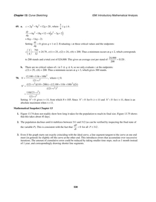 Chapter 13: Curve Sketching ISM: Introductory Mathematical Analysis
538
69. a. 3 2
2 9 12 20c q q q= − + + , where
3
6
4
q≤ ≤ .
( )2 2
6 18 12 6 3 2
dc
q q q q
dq
= − + = − +
= 6(q – 1)(q – 2)
Setting 0
dc
dq
= gives q = 1 or 2. Evaluating c at these critical values and the endpoints:
3 793
24.78
4 32
c
⎛ ⎞
= ≈⎜ ⎟
⎝ ⎠
, c(1) = 25, c(2) = 24, c(6) = 200. Thus a minimum occurs at q = 2, which corresponds
to 200 stands and a total cost of $24,000. This gives an average cost per stand of
24,000
$120
200
= .
b. There are no critical values of c in 3 ≤ q ≤ 6, so we only evaluate c at the endpoints:
c(3) = 29, c(6) = 200. Thus a minimum occurs at q = 3, which gives 300 stands.
70.
2
2
12,100 110 100
,
121
t t
N
t
+ +
=
+
where t ≥ 0.
2 2
2 2
2
2
(121 )(110 200 ) (12,100 110 100 )(2 )
(121 )
110(121 )
121
t t t t t
N
t
t
t
+ + − + +
′ =
+
−
=
+
Setting 0N′ = gives t = 11, from which N = 105. Since 0N′ > for 0 ≤ t < 11 and 0N′ < for t > 11, there is an
absolute maximum when t = 11.
Mathematical Snapshot Chapter 13
1. Figure 13.74 does not readily show how long it takes for the population to reach its final size. Figure 13.75 shows
that this takes about 45 days.
2. The population declines until it stabilizes between 311 and 312 (as can be verified by inspecting the final state of
the variable P). This is consistent with the fact that 0
dP
dt
< for all 312P ≥ .
3. Even if the graph starts out exactly coinciding with the ideal curve, a line segment tangent to the curve at one end
must (in general) lie slightly off the curve at the other end. This introduces errors that accumulate over successive
iterations. The amount of cumulative error could be reduced by taking smaller time steps, such as 1 month instead
of 1 year, and correspondingly drawing shorter line segments.
 