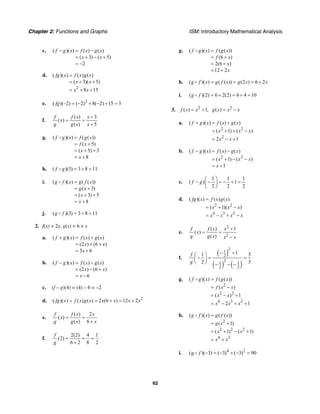 Chapter 2: Functions and Graphs ISM: Introductory Mathematical Analysis
62
c. ( )( ) ( ) ( )
( 3) ( 5)
2
f g x f x g x
x x
− = −
= + − +
= −
d.
2
( )( ) ( ) ( )
( 3)( 5)
8 15
fg x f x g x
x x
x x
=
= + +
= + +
e. 2
( )(–2) ( 2) 8( 2) 15 3fg = − + − + =
f.
( ) 3
( )
( ) 5
f f x x
x
g g x x
+
= =
+
g. ( )( ) ( ( ))
( 5)
( 5) 3
8
f g x f g x
f x
x
x
=
= +
= + +
= +
h. ( )(3) 3 8 11f g = + =
i. ( )( ) ( ( ))
( 3)
( 3) 5
8
g f x g f x
g x
x
x
=
= +
= + +
= +
j. ( )(3) 3 8 11g f = + =
2. f(x) = 2x, g(x) = 6 + x
a. ( )( ) ( ) ( )
(2 ) (6 )
3 6
f g x f x g x
x x
x
+ = +
= + +
= +
b. ( )( ) ( ) ( )
(2 ) (6 )
6
f g x f x g x
x x
x
− = −
= − +
= −
c. (f – g)(4) = (4) – 6 = –2
d. 2
( )( ) ( ) ( ) 2 (6 ) 12 2fg x f x g x x x x x= = + = +
e.
( ) 2
( )
( ) 6
f f x x
x
g g x x
= =
+
f.
2(2) 4 1
(2)
6 2 8 2
f
g
= = =
+
g. ( )( ) ( ( ))
(6 )
2(6 )
12 2
f g x f g x
f x
x
x
=
= +
= +
= +
h. ( )( ) ( ( )) (2 ) 6 2g f x g f x g x x= = = +
i. ( )(2) 6 2(2) 6 4 10g f = + = + =
3. 2
( ) 1,f x x= + 2
( )g x x x= −
a.
2 2
2
( )( ) ( ) ( )
( 1) ( )
2 1
f g x f x g x
x x x
x x
+ = +
= + + −
= − +
b.
2 2
( )( ) ( ) ( )
( 1) ( )
1
f g x f x g x
x x x
x
− = −
= + − −
= +
c.
1 1 1
( ) 1
2 2 2
f g
⎛ ⎞
− − = − + =⎜ ⎟
⎝ ⎠
d.
2 2
4 3 2
( )( ) ( ) ( )
( 1)( )
fg x f x g x
x x x
x x x x
=
= + −
= − + −
e.
2
2
( ) 1
( )
( )
f f x x
x
g g x x x
+
= =
−
f.
( )
( ) ( )
2
1
2
2
1 1
2 2
11 5
2 3
f
g
− +⎛ ⎞
− = =⎜ ⎟
⎝ ⎠ − − −
g.
2
2 2
4 3 2
( )( ) ( ( ))
( )
( ) 1
2 1
f g x f g x
f x x
x x
x x x
=
= −
= − +
= − + +
h.
2
2 2 2
4 2
( )( ) ( ( ))
( 1)
( 1) ( 1)
g f x g f x
g x
x x
x x
=
= +
= + − +
= +
i. 4 2
( )( 3) ( 3) ( 3) 90g f − = − + − =
 