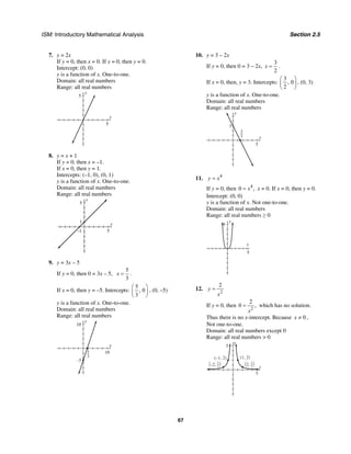 ISM: Introductory Mathematical Analysis Section 2.5
67
7. y = 2x
If y = 0, then x = 0. If x = 0, then y = 0.
Intercept: (0, 0)
y is a function of x. One-to-one.
Domain: all real numbers
Range: all real numbers
y
5
x
5
8. y = x + 1
If y = 0, then x = –1.
If x = 0, then y = 1.
Intercepts: (–1, 0), (0, 1)
y is a function of x. One-to-one.
Domain: all real numbers
Range: all real numbers
y
5
1
x
5–1
9. y = 3x – 5
If y = 0, then 0 = 3x – 5,
5
3
x = .
If x = 0, then y = –5. Intercepts:
5
, 0
3
⎛ ⎞
⎜ ⎟
⎝ ⎠
, (0, –5)
y is a function of x. One-to-one.
Domain: all real numbers
Range: all real numbers
y
10
x
10
–5
5
3
10. y = 3 – 2x
If y = 0, then 0 = 3 – 2x,
3
2
x = .
If x = 0, then, y = 3. Intercepts:
3
, 0
2
⎛ ⎞
⎜ ⎟
⎝ ⎠
, (0, 3)
y is a function of x. One-to-one.
Domain: all real numbers
Range: all real numbers
y
3
x
5
3
2
11. 4
y x=
If y = 0, then 4
0 ,x= x = 0. If x = 0, then y = 0.
Intercept: (0, 0)
y is a function of x. Not one-to-one.
Domain: all real numbers
Range: all real numbers ≥ 0
y
5
x
5
12.
2
2
y
x
=
If y = 0, then
2
2
0 ,
x
= which has no solution.
Thus there is no x-intercept. Because 0x ≠ ,
Not one-to-one.
Domain: all real numbers except 0
Range: all real numbers > 0
y
5
x
5
(–1, 2) (1, 2)
(2, )1
2(–2, )1
2
 