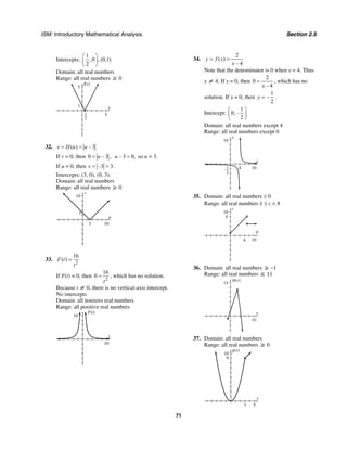 ISM: Introductory Mathematical Analysis Section 2.5
71
Intercepts:
1
,0 , (0,1)
2
⎛ ⎞
⎜ ⎟
⎝ ⎠
Domain: all real numbers
Range: all real numbers ≥ 0
f(x)
5
1 x
51
2
32. ( ) – 3v H u u= =
If v = 0, then 0 – 3 ,u= – 3 0,u = so u = 3.
If u = 0, then –3 3v = = .
Intercepts: (3, 0), (0, 3).
Domain: all real numbers
Range: all real numbers ≥ 0
v
10
u
103
3
33.
2
16
( )F t
t
=
If F(t) = 0, then
2
16
0
t
= , which has no solution.
Because t ≠ 0, there is no vertical-axis intercept.
No intercepts
Domain: all nonzero real numbers
Range: all positive real numbers
F(t)
10
t
10
34.
2
( )
– 4
y f x
x
= =
Note that the denominator is 0 when x = 4. Thus
x ≠ 4. If y = 0, then
2
0
– 4x
= , which has no
solution. If x = 0, then
1
–
2
y = .
Intercept:
1
0, –
2
⎛ ⎞
⎜ ⎟
⎝ ⎠
Domain: all real numbers except 4
Range: all real numbers except 0
y
10
x
104–1
2
35. Domain: all real numbers ≥ 0
Range: all real numbers 1 ≤ c < 8
c
10
p
106
8
36. Domain: all real numbers ≥ –1
Range: all real numbers ≤ 11
14
x
10
␾(x)
37. Domain: all real numbers
Range: all real numbers ≥ 0
g(x)
10
9
x
53
 