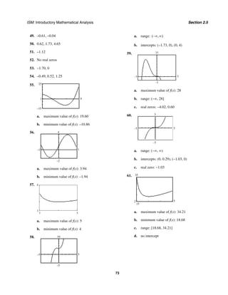 ISM: Introductory Mathematical Analysis Section 2.5
73
49. –0.61, –0.04
50. 0.62, 1.73, 4.65
51. –1.12
52. No real zeros
53. −1.70, 0
54. –0.49, 0.52, 1.25
55.
1 4
–15
25
a. maximum value of f(x): 19.60
b. minimum value of f(x): –10.86
56.
–1 1
–2
4
a. maximum value of f(x): 3.94
b. minimum value of f(x): –1.94
57.
3 5
3
6
a. maximum value of f(x): 5
b. minimum value of f(x): 4
58.
–5
5–5
10
a. range: (– , )∞ ∞
b. intercepts: (–1.73, 0), (0, 4)
59. 35
5–5
–5
a. maximum value of f(x): 28
b. range: (−∞, 28]
c. real zeros: −4.02, 0.60
60. 5
5–5
–5
a. range: (−∞, ∞)
b. intercepts: (0, 0.29), (−1.03, 0)
c. real zero: −1.03
61.
2 5
15
35
a. maximum value of f(x): 34.21
b. minimum value of f(x): 18.68
c. range: [18.68, 34.21]
d. no intercept
 
