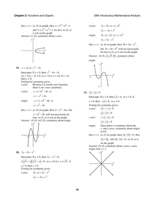 Chapter 2: Functions and Graphs ISM: Introductory Mathematical Analysis
78
line y = x: (a, b) on graph, then 4 2
1a b b= + +
and 4 2
1b a a≠ + + for all a so (b, a)
is not on the graph.
Answer: (1, 0); symmetry about x-axis.
y
5
x
5
19. 3
( ) – 4y f x x x= =
Intercepts: If y = 0, then 3
– 4 0,x x =
x(x + 2)(x – 2) = 0, so x = 0 or x = ±2; if x = 0,
then y = 0.
Testing for symmetry gives:
x-axis: Because f is not the zero function,
there is no x-axis symmetry.
y-axis: 3
(– ) – 4(– )y x x=
3
– 4y x x= +
origin: 3
– (– ) – 4(– )y x x=
3
– 4y x x=
line y = x: (a, b) on graph, then 3
4 ,b a a= − but
3
4a b b= − will not necessarily be
true, so (b, a) is not on the graph.
Answer: (0, 0), (±2, 0); symmetry about origin.
y
5
x
52–2
20. 3
3 5 –y x x=
Intercepts: If y = 0, then 3
5 – 0,x x =
x ( )( )5 5 0,x x+ − = so x = 0 or x = ± 5; if
x = 0, then y = 0.
Testing for symmetry gives:
x-axis: 3
3(– ) 5 –y x x=
3
3 –5y x x= +
y-axis: 3
3 5(– ) – (– )y x x=
3
3 –5y x x= +
origin: 3
3(– ) 5(– ) – (– )y x x=
3
3 5 –y x x= .
line y = x: (a, b) on graph, then 3
3 5 ,b a a= −
but 3
3 5a b b= − will not necessarily
be true so (b, a) is not on the graph.
Answer: (0, 0), ( )5,0± ; symmetry about
origin
x
y
–5 5
–5
5
21. – 0x y =
Intercepts: If y = 0, then 0,x = so x = 0; if
x = 0, then – 0,y = so y = 0.
Testing for symmetry gives:
x-axis: – – 0x y =
0x y− =
y-axis: – – 0x y =
– 0x y =
origin: Since there is symmetry about the
x- and y-axes, symmetry about origin
exists.
line y = x: (a, b) on graph, then 0,a b− = thus
,a b= and 0,b a− = so (b, a) is
on the graph.
Answer: (0, 0); symmetry about x-axis, y-axis,
origin, line y = x.
y
5
x
5
 