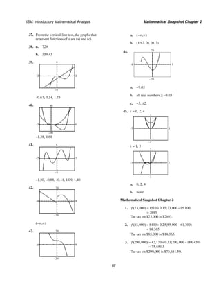 ISM: Introductory Mathematical Analysis Mathematical Snapshot Chapter 2
87
37. From the vertical-line test, the graphs that
represent functions of x are (a) and (c).
38. a. 729
b. 359.43
39.
–2 2
–8
8
–0.67; 0.34, 1.73
40.
–3 6
–30
90
–1.38, 4.68
41.
–2 2
–5
5
–1.50, –0.88, –0.11, 1.09, 1.40
42.
–8 8
–20
20
(–∞,∞)
43.
–8 8
–20
20
a. (–∞,∞)
b. (1.92, 0), (0, 7)
44.
8
20
–8
–20
a. −9.03
b. all real numbers ≥ −9.03
c. −5, ±2.
45. k = 0, 2, 4
–3
–2
2
3
k = 1, 3
–3
–2
3
2
a. 0, 2, 4
b. none
Mathematical Snapshot Chapter 2
1. (23,000) 1510 0.15(23,000 15,100)
2695
f = + −
=
The tax on $23,000 is $2695.
2. (85,000) 8440 0.25(85,000 61,300)
14,365
f = + −
=
The tax on $85,000 is $14,365.
3. (290,000) 42,170 0.33(290,000 188,450)
75,681.5
f = + −
=
The tax on $290,000 is $75,681.50.
 