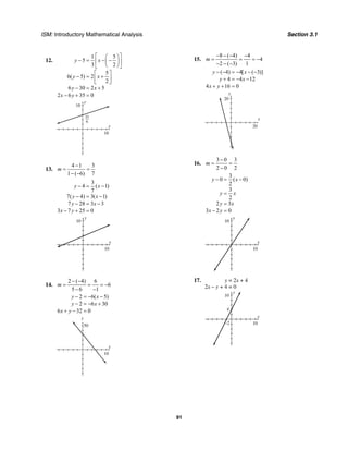 ISM: Introductory Mathematical Analysis Section 3.1
91
12.
1 5
5
3 2
5
6( 5) 2
2
6 30 2 5
2 6 35 0
y x
y x
y x
x y
⎡ ⎤⎛ ⎞
− = − −⎢ ⎥⎜ ⎟
⎝ ⎠⎣ ⎦
⎡ ⎤
− = +⎢ ⎥
⎣ ⎦
− = +
− + =
y
10
x
10
35
6
13.
4 1 3
1 ( 6) 7
m
−
= =
− −
3
4 ( 1)
7
7( 4) 3( 1)
7 28 3 3
3 7 25 0
y x
y x
y x
x y
− = −
− = −
− = −
− + =
y
10
x
10
14.
2 ( 4) 6
6
5 6 1
m
− −
= = = −
− −
2 6( 5)
2 6 30
6 32 0
y x
y x
x y
− = − −
− = − +
+ − =
y
50
x
10
15.
8 ( 4) 4
4
2 ( 3) 1
m
− − − −
= = = −
− − −
( 4) 4[ ( 3)]
4 4 12
4 16 0
y x
y x
x y
− − = − − −
+ = − −
+ + =
x
y
20
20
16.
3 0 3
2 0 2
m
−
= =
−
3
0 ( 0)
2
3
2
2 3
3 2 0
y x
y x
y x
x y
− = −
=
=
− =
y
10
x
10
17. y = 2x + 4
2x – y + 4 = 0
y
10
4
x
10–2
 