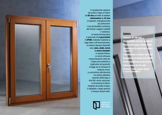 Il considerevole spessore
      del profilo in legno di Solmix
 da 68 mm permette di adottare
         vetrocamere da 44 mm
    di spessore, energeticamente
                      più performanti.
    L’uso del lamellare conferisce
   alla finestra maggiore stabilità
                         e resistenza.
            La tenuta termoacustica        Solmix
  è assicurata da 2 guarnizioni            Sezione: 81-86 mm
in EPDM, materiale resistente ai
                                           Permeabilità all’aria: Classe 4
raggi solari e all’invecchiamento.
   Le essenze legnose disponibili          Tenuta all’acqua: Classe E750
         sono: pino, abete, larice         Resistenza al carico del vento:
                 e rovere lamellari        Classe C5
                   in svariate finiture.
                                           Trasmittanza termica: Uw 0,98
                  Le vernici all’acqua
       monocomponenti usate per            Guarnizioni di tenuta: 2 in EPDM
           il legno sono atossiche e       Punti antieffrazione di serie: 3
         migliorative dei parametri
                                           Vetrocamera da 44 mm
        di legge per le emissioni di
                     sostanze nocive.      Essenze: pino, abete, larice
     La verniciatura dell’alluminio        e rovere lamellari
                con polveri poliestere
             consente effetti legno e
       tinte RAL anche marezzate.
           La ferramenta di Solmix,
     integrata nel profilo di legno,
    è regolabile e regala aperture
           e chiusure sempre dolci.
 