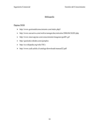 Ingeniería Comercial                                       Gestión del Conocimiento




                                     Bibliografía



Páginas WEB

    http://www.gestiondelconocimiento.com/index.php3
    http://www.navactiva.com/web/es/amngm/doc/articulos/2004/06/26203.php

    http://www.innovapyme.com/conocimiento/imagenes/graf01.gif

    http://gestionk.wikidot.com/ejemplos

    http://es.wikipedia.org/wiki/TICs

    http://www.cedi.uchile.cl/catalogo/downloads/manual22.pdf




                                            13
 