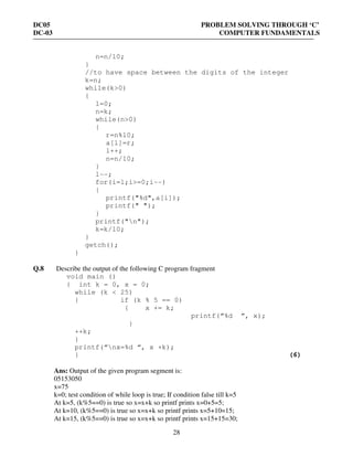 DC05 PROBLEM SOLVING THROUGH ‘C’
DC-03 COMPUTER FUNDAMENTALS
28
n=n/10;
}
//to have space between the digits of the integer
k=n;
while(k>0)
{
l=0;
n=k;
while(n>0)
{
r=n%10;
a[l]=r;
l++;
n=n/10;
}
l--;
for(i=l;i>=0;i--)
{
printf("%d",a[i]);
printf(" ");
}
printf("n");
k=k/10;
}
getch();
}
Q.8 Describe the output of the following C program fragment
void main ()
{ int k = 0, x = 0;
while (k < 25)
{ if (k % 5 == 0)
{ x += k;
printf(“%d ”, x);
}
++k;
}
printf(“nx=%d “, x +k);
} (6)
Ans: Output of the given program segment is:
05153050
x=75
k=0; test condition of while loop is true; If condition false till k=5
At k=5, (k%5==0) is true so x=x+k so printf prints x=0+5=5;
At k=10, (k%5==0) is true so x=x+k so printf prints x=5+10=15;
At k=15, (k%5==0) is true so x=x+k so printf prints x=15+15=30;
 