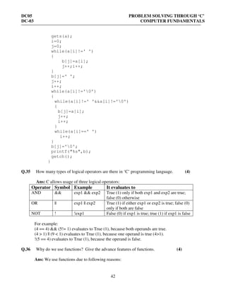 DC05 PROBLEM SOLVING THROUGH ‘C’
DC-03 COMPUTER FUNDAMENTALS
42
gets(a);
i=0;
j=0;
while(a[i]!=' ')
{
b[j]=a[i];
j++;i++;
}
b[j]=' ';
j++;
i++;
while(a[i]!='0')
{
while(a[i]!=' '&&a[i]!='0')
{
b[j]=a[i];
j++;
i++;
}
while(a[i]==' ')
i++;
}
b[j]='0';
printf("%s",b);
getch();
}
Q.35 How many types of logical operators are there in ‘C’ programming language. (4)
Ans: C allows usage of three logical operators:
Operator Symbol Example It evaluates to
AND && exp1 && exp2 True (1) only if both exp1 and exp2 are true;
false (0) otherwise
OR || exp1 || exp2 True (1) if either exp1 or exp2 is true; false (0)
only if both are false
NOT ! !exp1 False (0) if exp1 is true; true (1) if exp1 is false
For example:
(4 == 4) && (5!= 1) evaluates to True (1), because both operands are true.
(4 > 1) || (9 < 1) evaluates to True (1), because one operand is true (4>1).
!(5 == 4) evaluates to True (1), because the operand is false.
Q.36 Why do we use functions? Give the advance features of functions. (4)
Ans: We use functions due to following reasons:
 