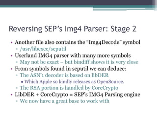 Reversing SEP’s Img4 Parser: Stage 2
• Another file also contains the “Img4Decode” symbol
▫ /usr/libexec/seputil
• Userland IMG4 parser with many more symbols
▫ May not be exact – but bindiff shows it is very close
• From symbols found in seputil we can deduce:
▫ The ASN’1 decoder is based on libDER
● Which Apple so kindly releases as OpenSource.
▫ The RSA portion is handled by CoreCrypto
• LibDER + CoreCrypto = SEP’s IMG4 Parsing engine
▫ We now have a great base to work with
 