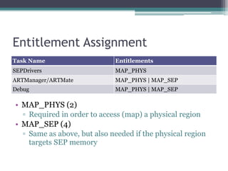 Entitlement Assignment
Task Name Entitlements
SEPDrivers MAP_PHYS
ARTManager/ARTMate MAP_PHYS | MAP_SEP
Debug MAP_PHYS | MAP_SEP
• MAP_PHYS (2)
▫ Required in order to access (map) a physical region
• MAP_SEP (4)
▫ Same as above, but also needed if the physical region
targets SEP memory
 