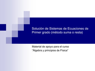 Soluciòn de Sistemas de Ecuaciones de
Primer grado (mètodo suma o resta)



Material de apoyo para el curso
“Àlgebra y principios de Fìsica”
 