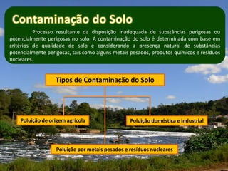 Processo resultante da disposição inadequada de substâncias perigosas ou
potencialmente perigosas no solo. A contaminação do solo é determinada com base em
critérios de qualidade de solo e considerando a presença natural de substâncias
potencialmente perigosas, tais como alguns metais pesados, produtos químicos e resíduos
nucleares.


                   Tipos de Contaminação do Solo




    Poluição de origem agrícola                  Poluição doméstica e industrial




                   Poluição por metais pesados e resíduos nucleares
 