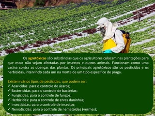 Os agrotóxicos são substâncias que os agricultores colocam nas plantações para
que estas não sejam afectadas por insectos e outros animais. Funcionam como uma
vacina contra as doenças das plantas. Os principais agrotóxicos são os pesticidas e os
herbicidas, intervindo cada um na morte de um tipo específico de praga.

Existem vários tipos de pesticidas, que podem ser:
 Acaricidas: para o controle de ácaros;
 Bactericidas: para o controle de bactérias;
 Fungicidas: para o controle de fungos;
 Herbicidas: para o controle de ervas daninhas;
 Insecticidas: para o controle de insectos;
 Nematicidas: para o controle de nematóides (vermes);
 
