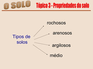 O SOLO Tópico 3 - Propriedades do solo Tipos de  solos rochosos arenosos argilosos médio 