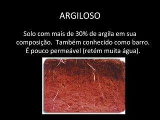 ARGILOSO
  Solo com mais de 30% de argila em sua
composição. Também conhecido como barro.
   É pouco permeável (retém muita água).
 