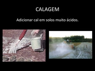 CALAGEM
Adicionar cal em solos muito ácidos.
 