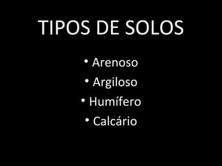 TIPOS DE SOLOS
     • Arenoso
     • Argiloso
    • Humífero
     • Calcário
 